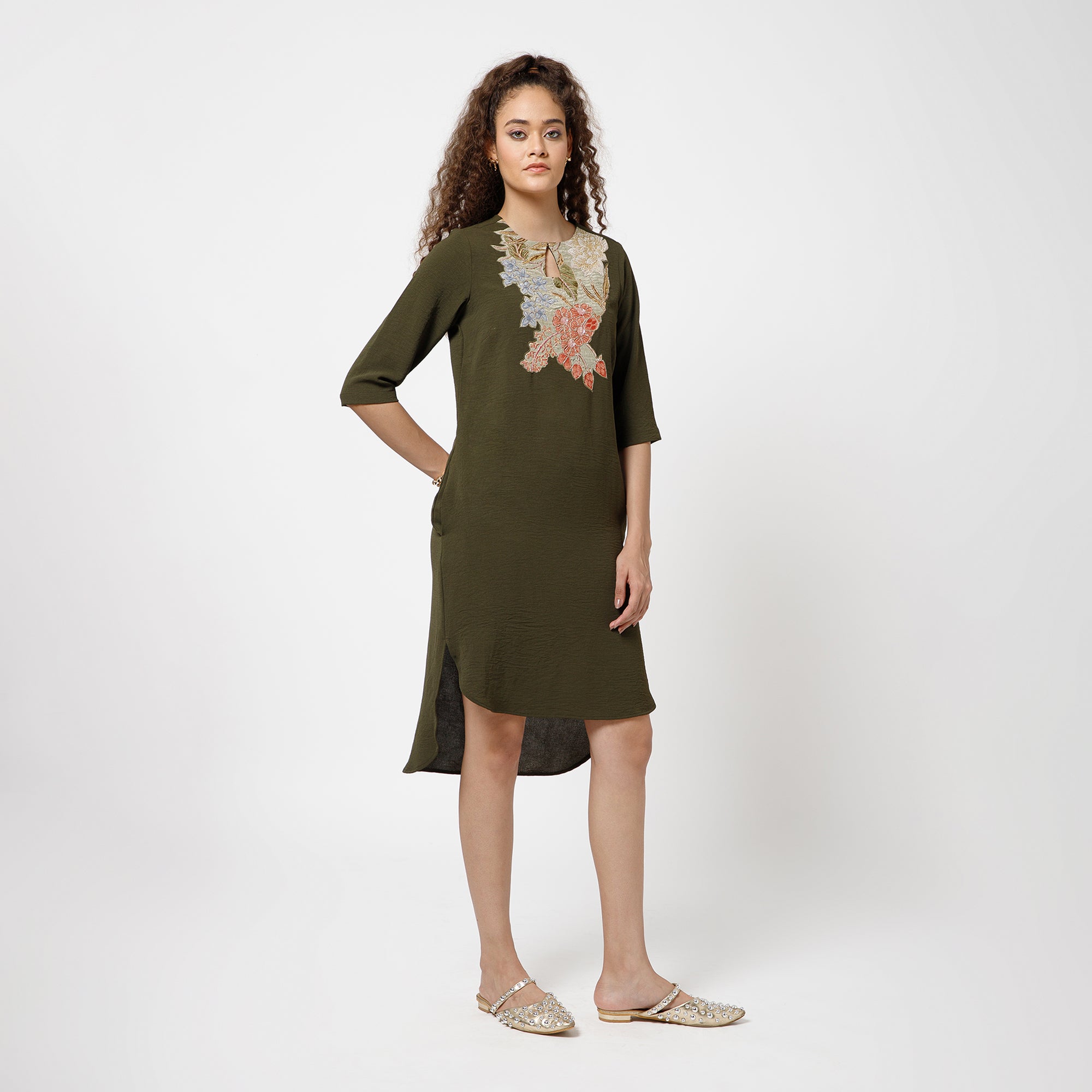 Green Crepe Dress With Patch Embroidery