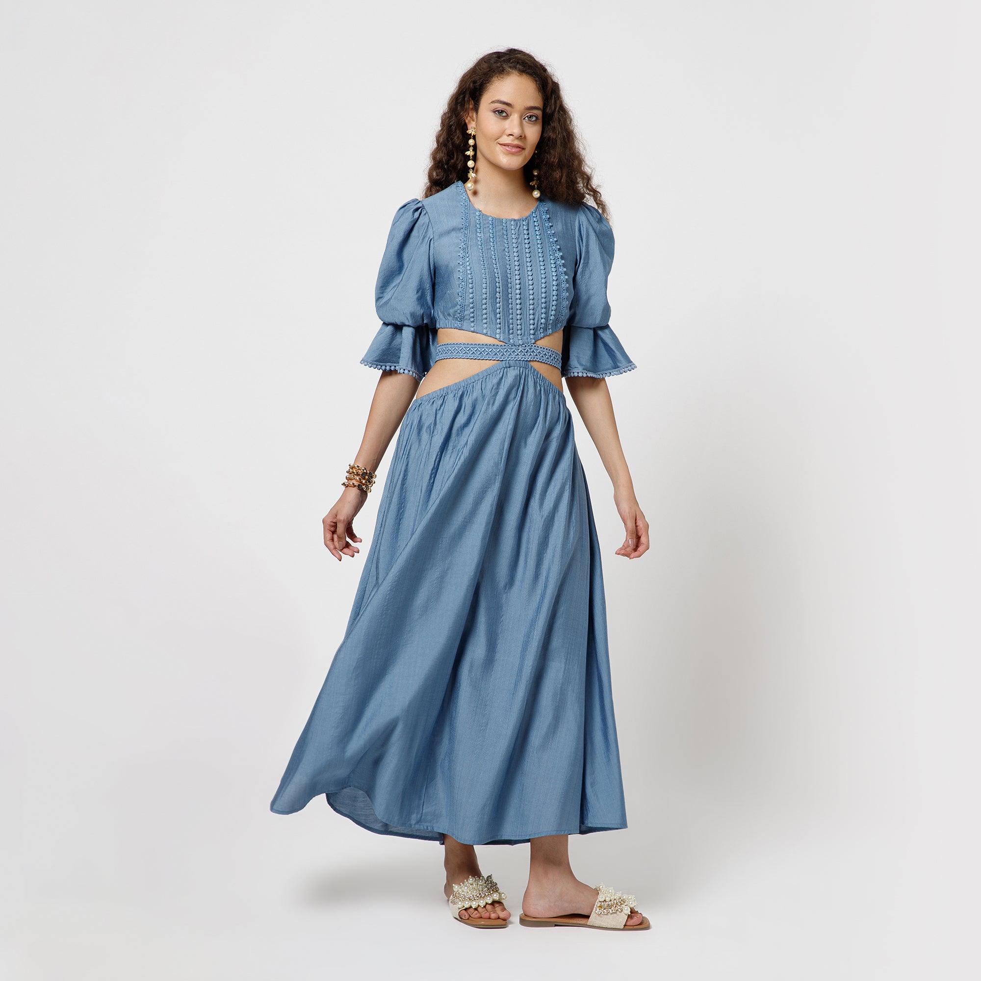 Blue Dress With Lace Yoke & Tie Belt