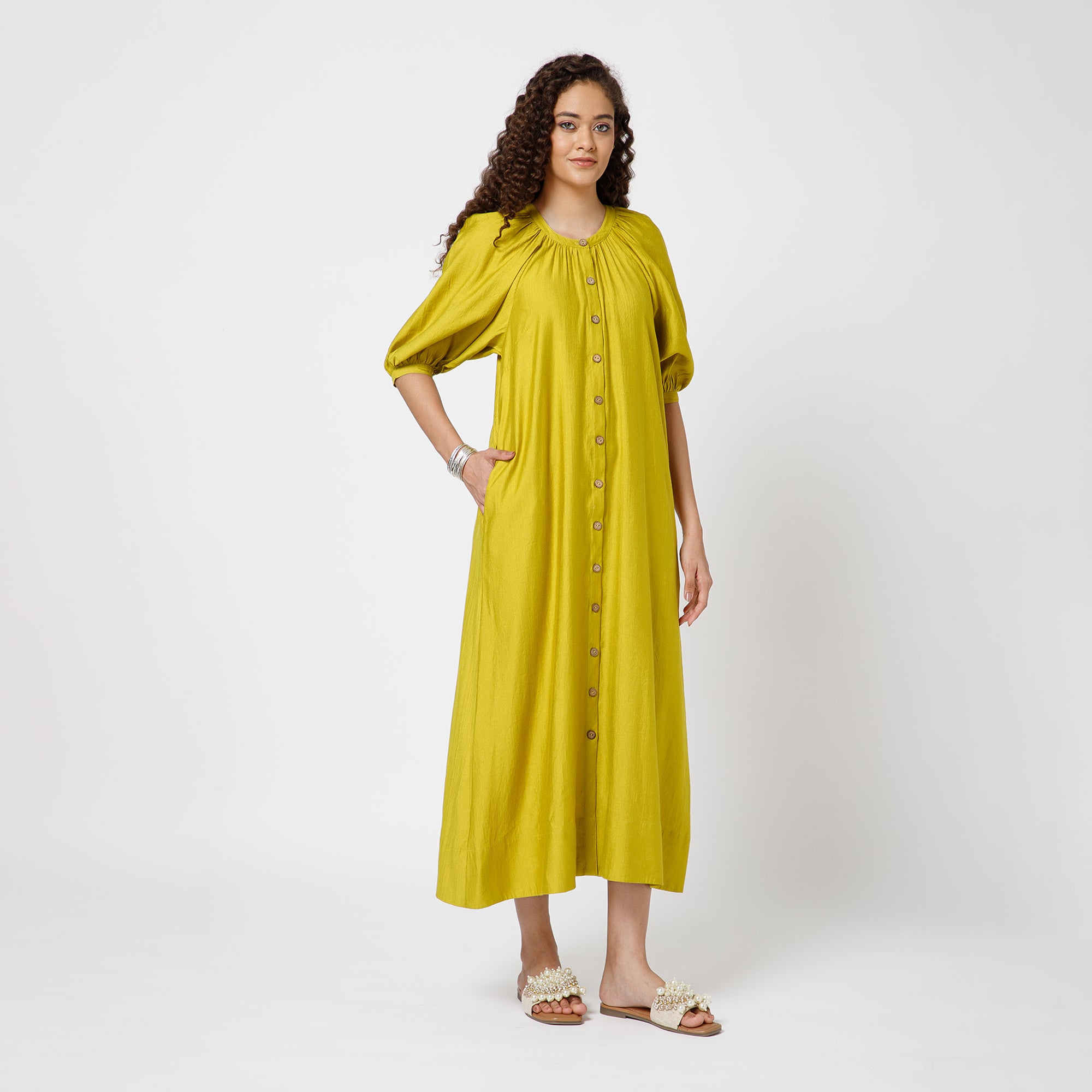 Olive Long Dress With Puff Sleeves