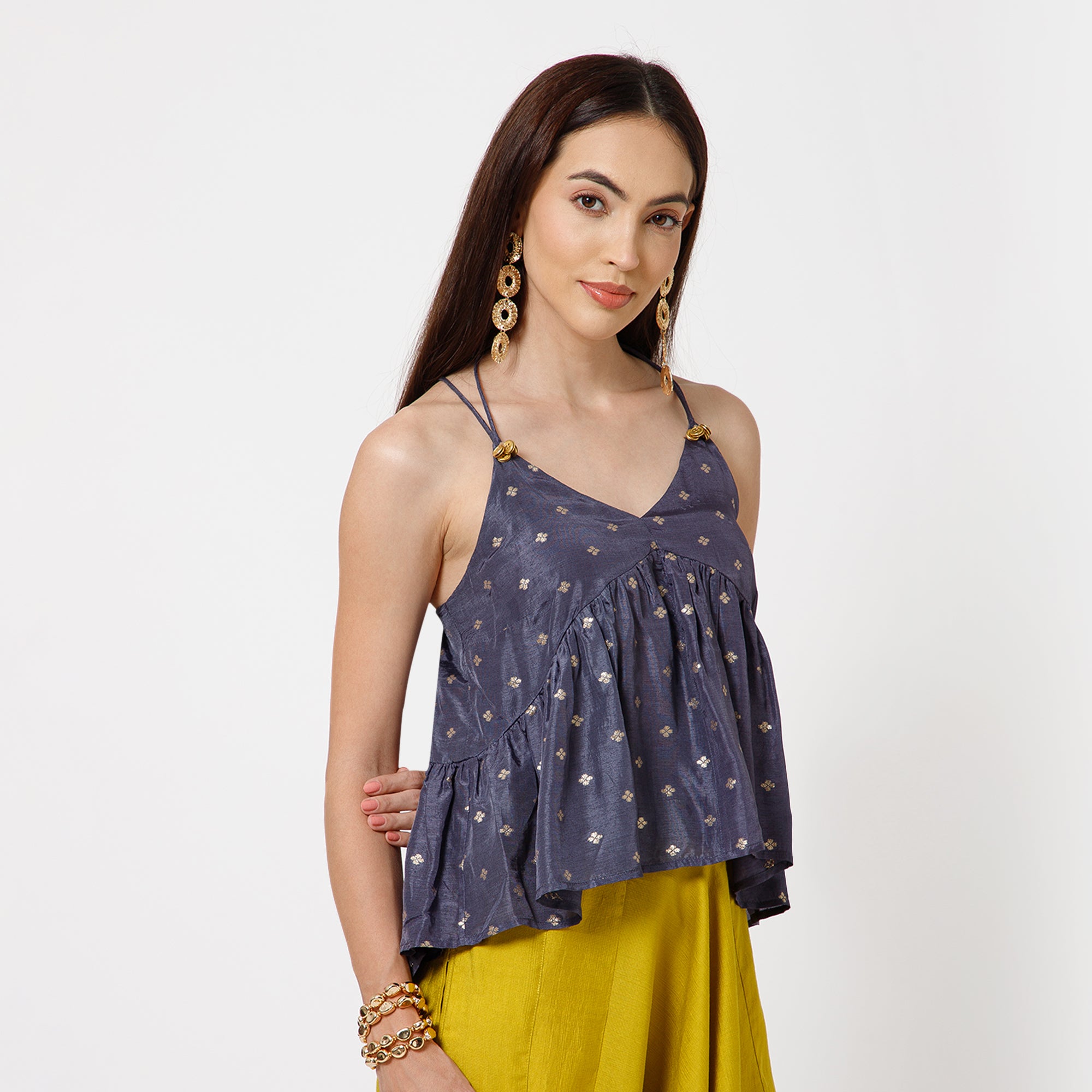 Blue Silk Brocade Spaghetti Top