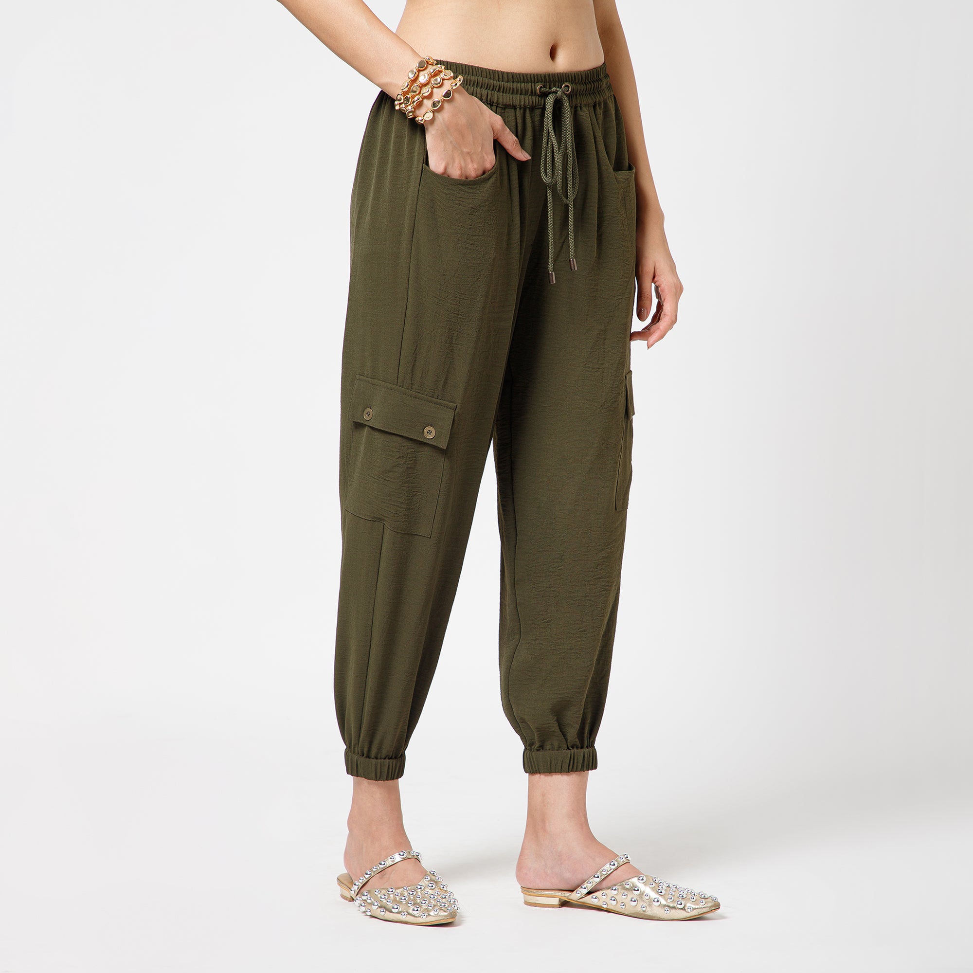 Green Crepe Pant With Bottom Elastic