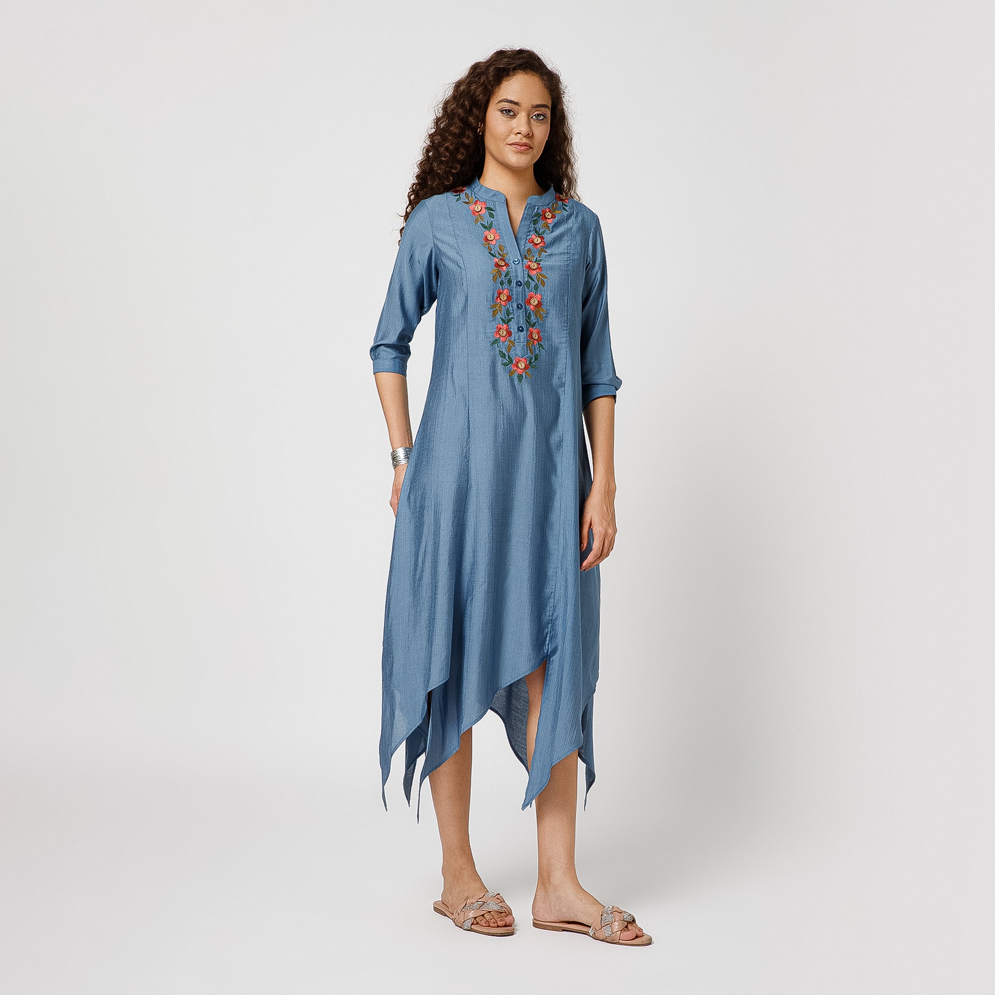 Blue Triangle Dress With Button Embroidery