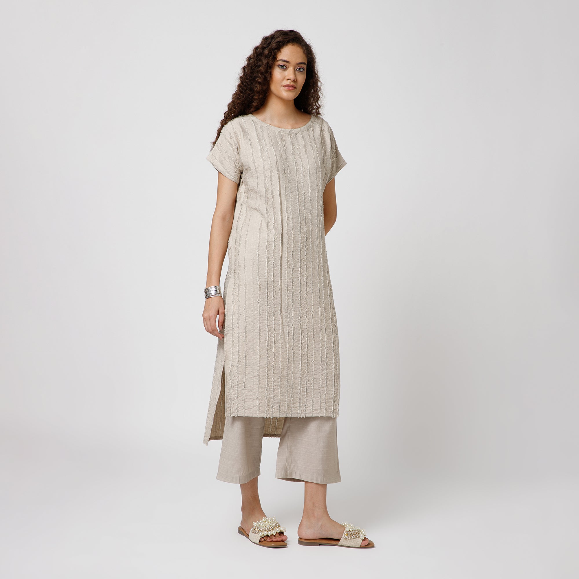 Beige Patch Textured Kurta