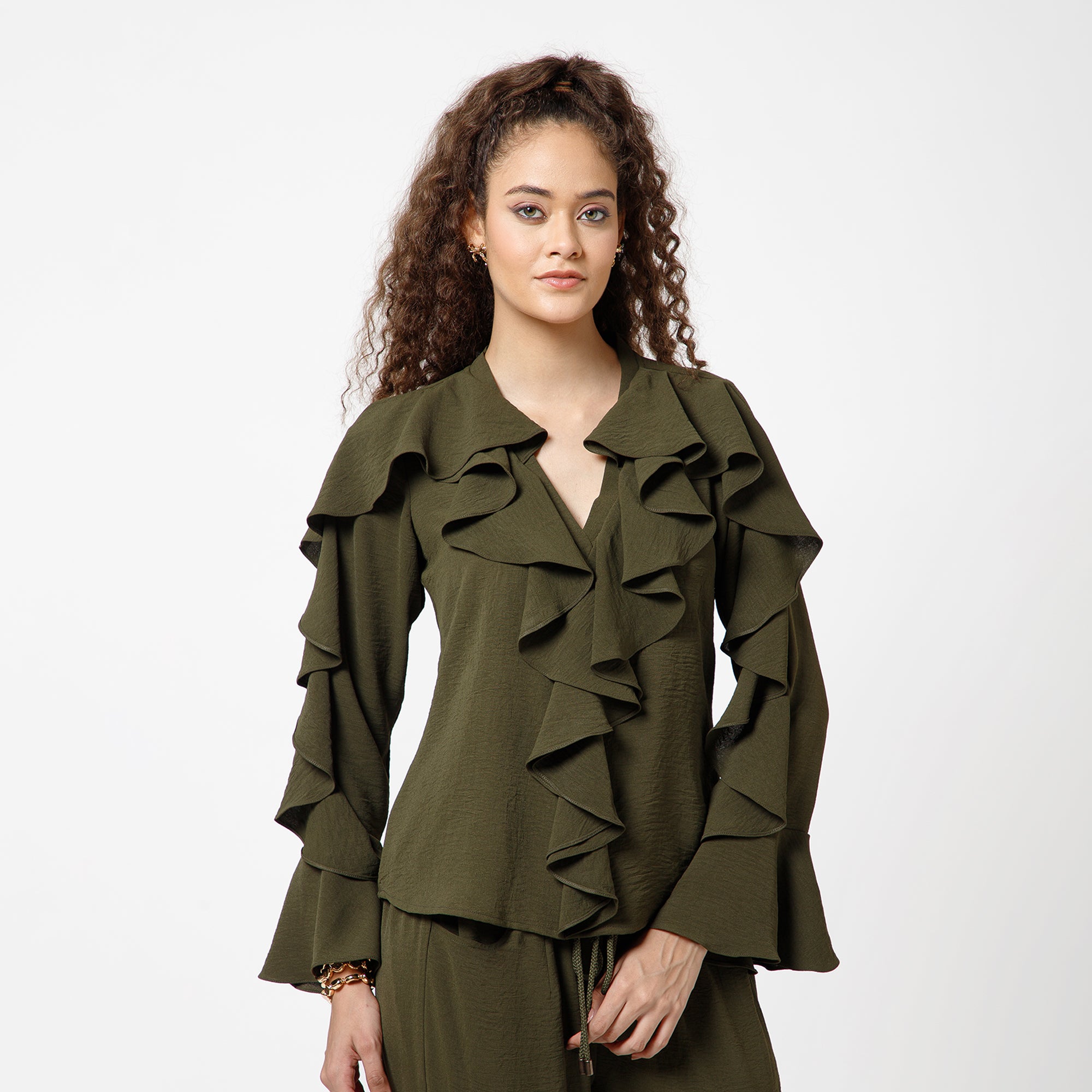 Green Crepe Frill Top