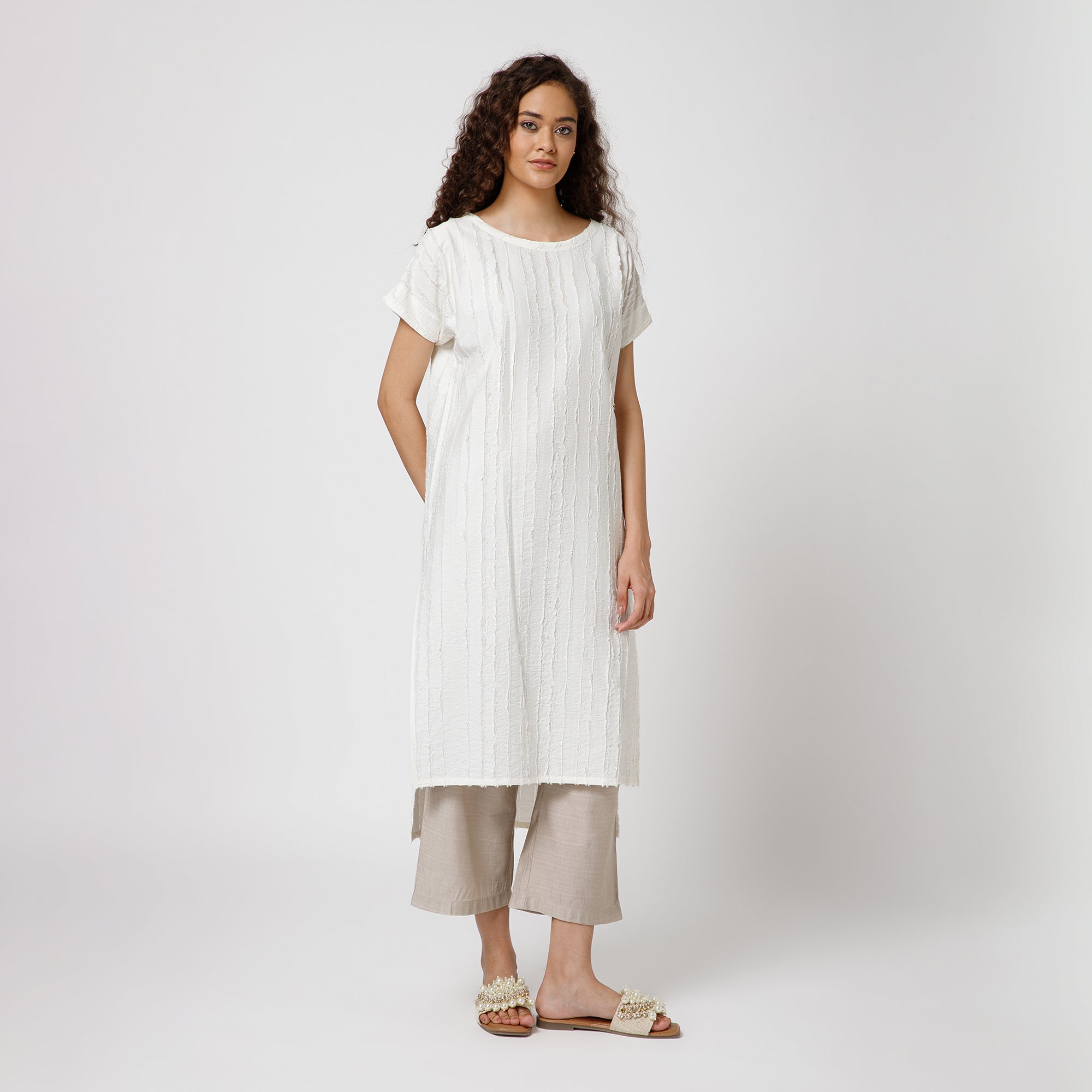 Off White Patch Textured Kurta