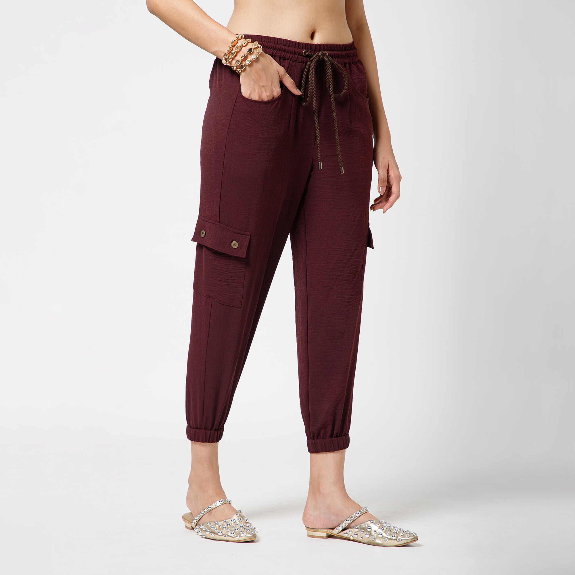 Prune Crepe Pant With Bottom Elastic