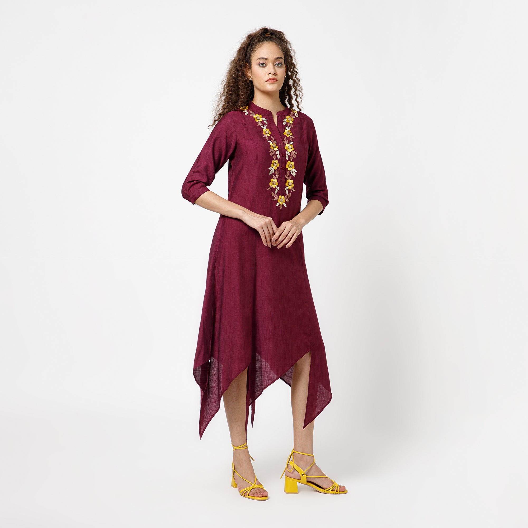 Prune Triangle Dress With Button Embroidery