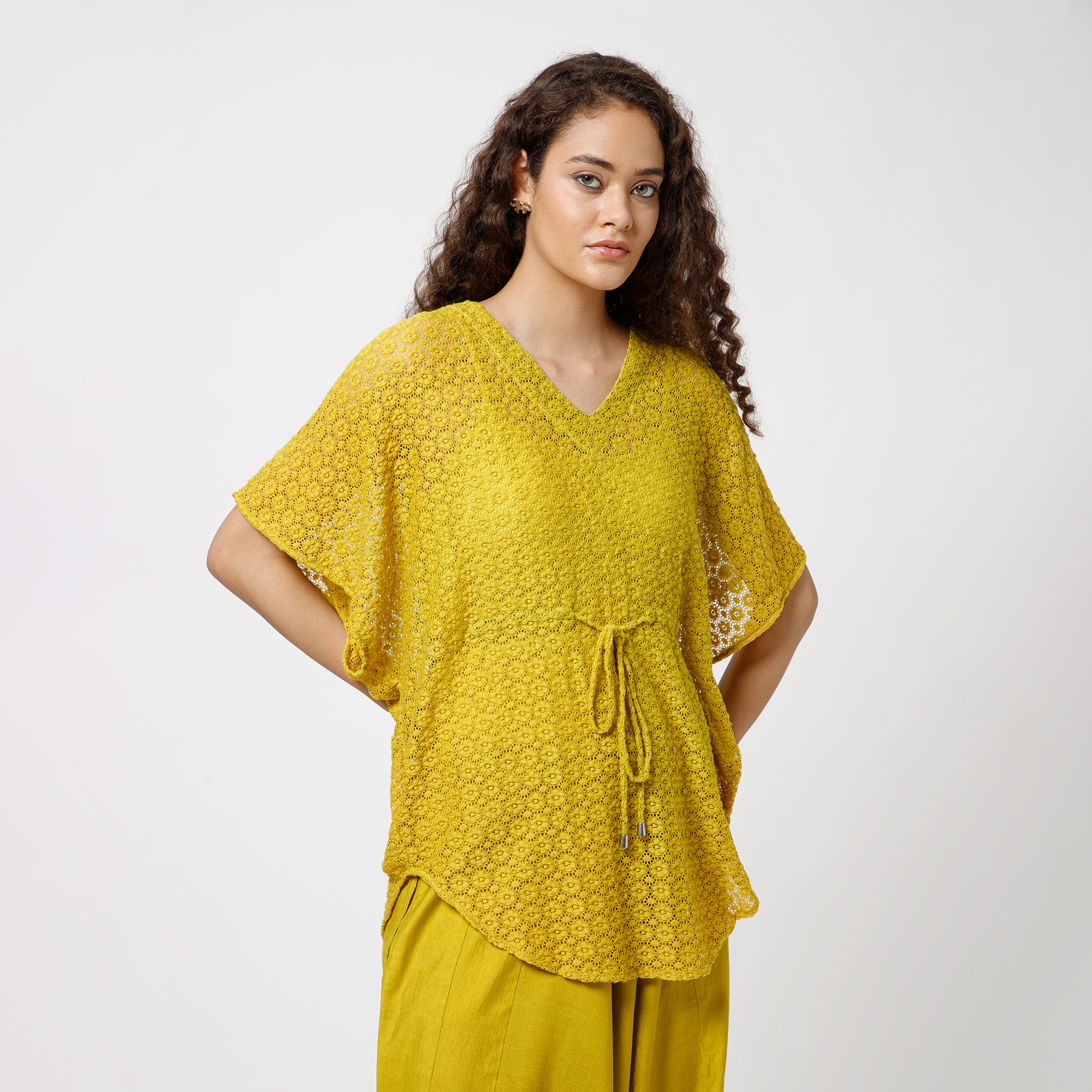 Olive Lace Fabric Kaftan With Spaghetti