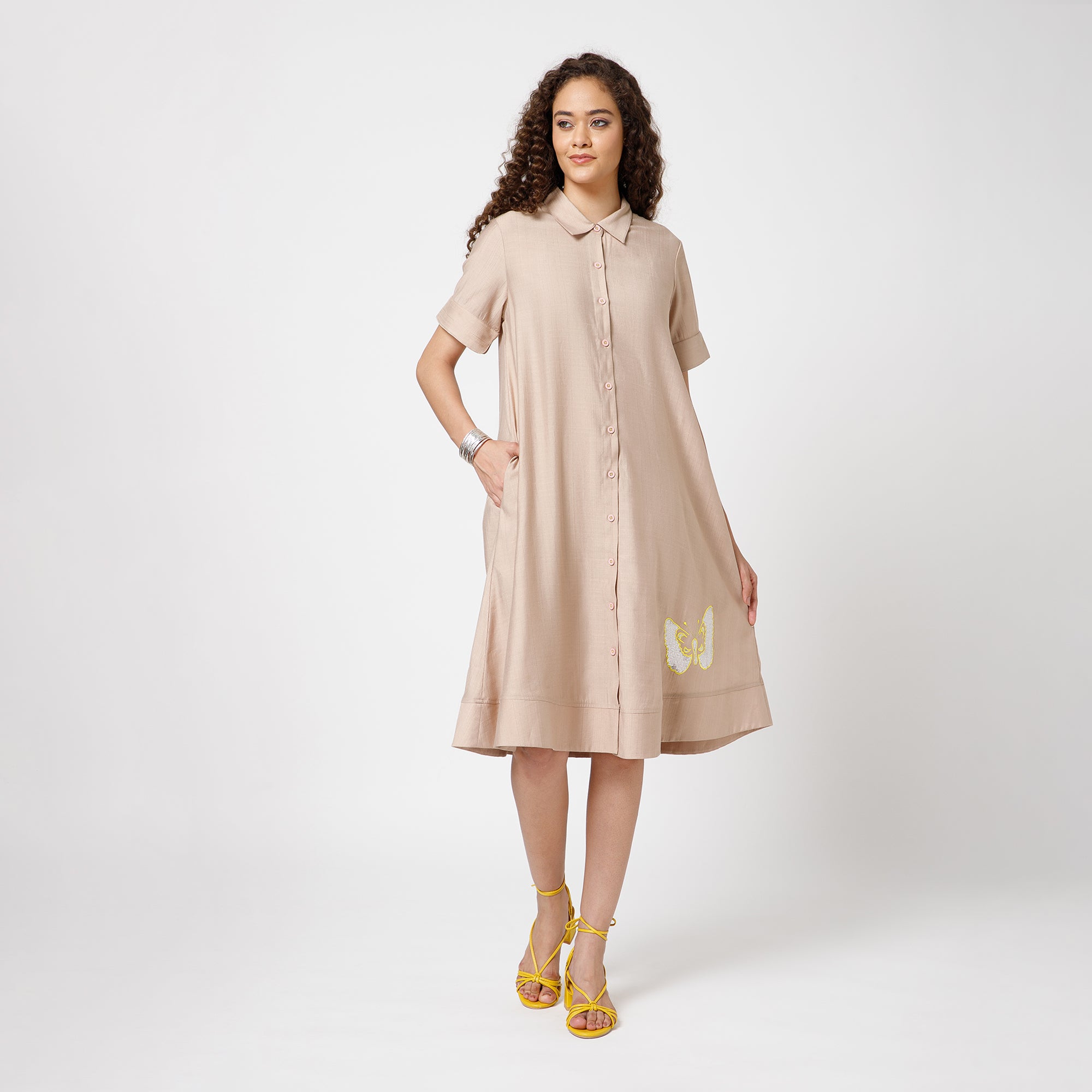 Beige Dress With Butterfly Embroidery