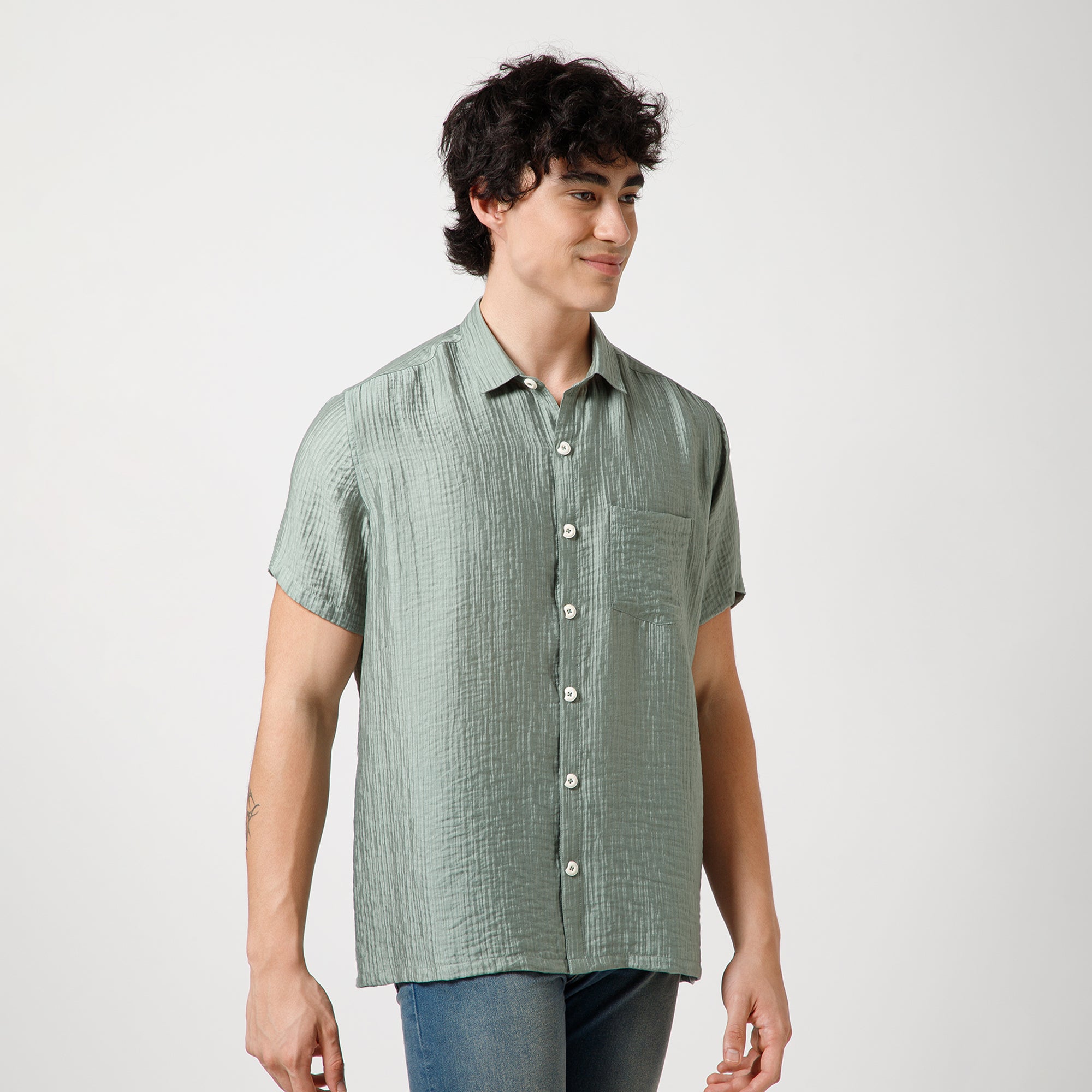 Green Double Gauze Half Sleeves Shirt