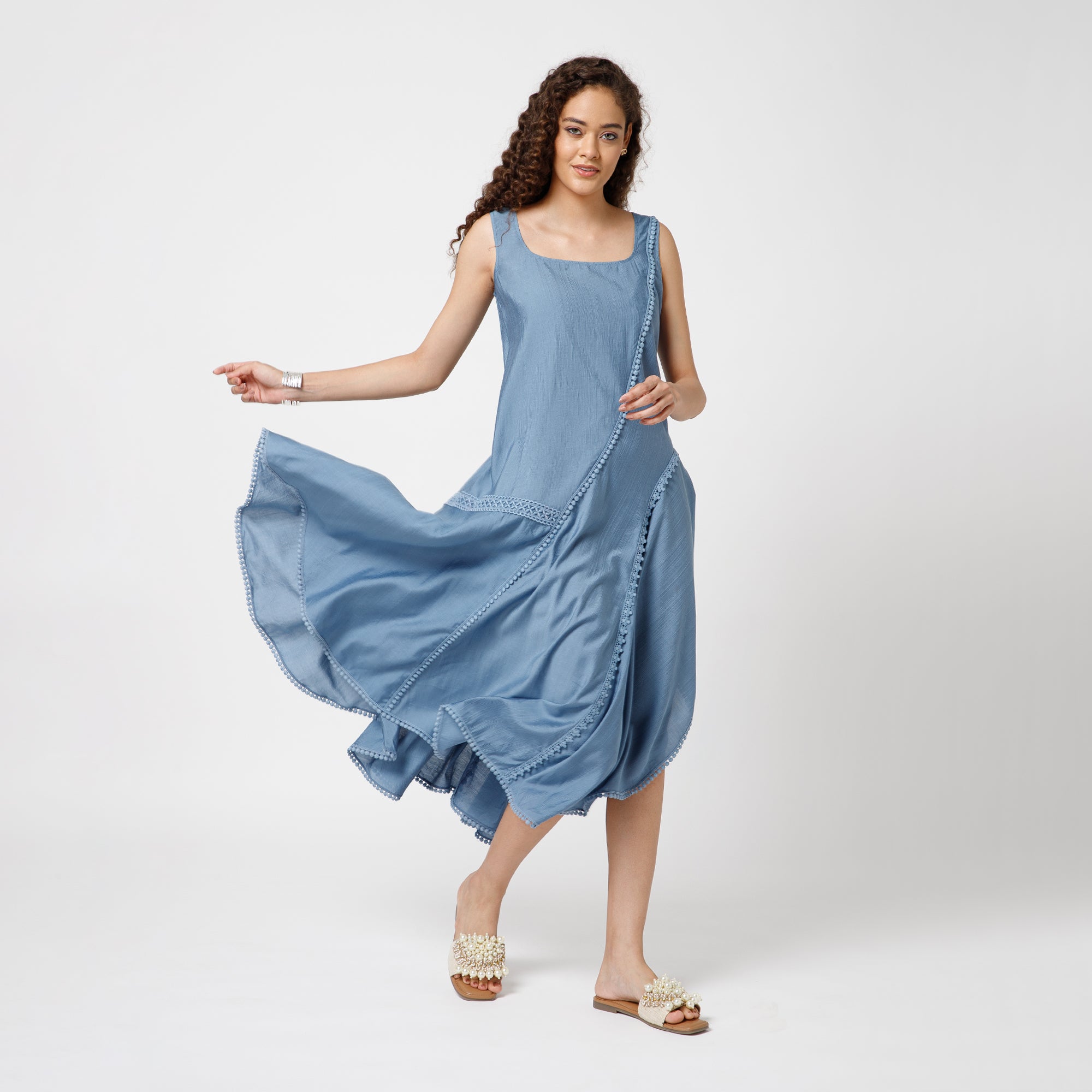 Blue Square Neck Dress With Lace