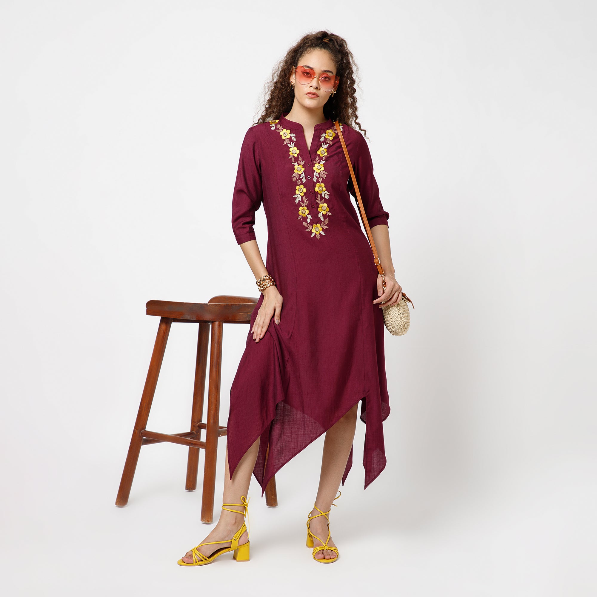 Prune Triangle Dress With Button Embroidery