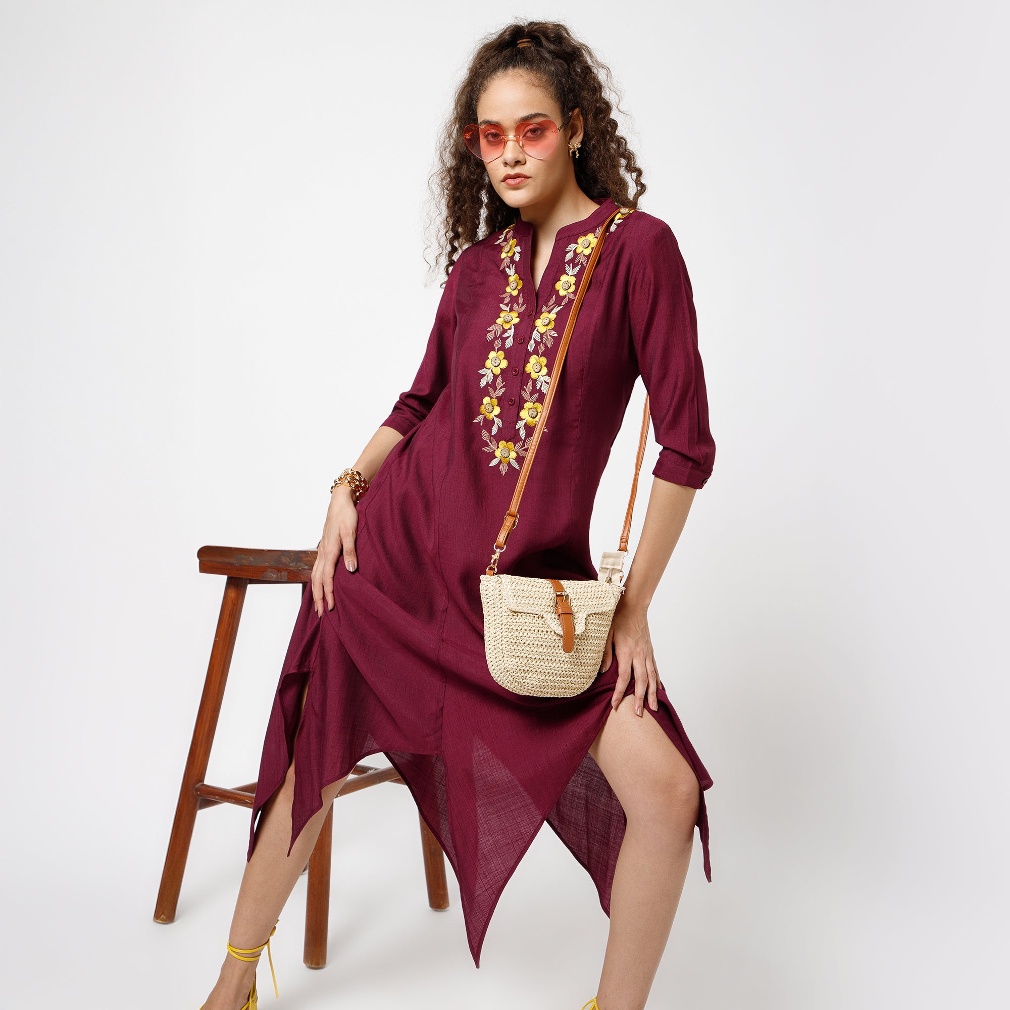 Prune Triangle Dress With Button Embroidery