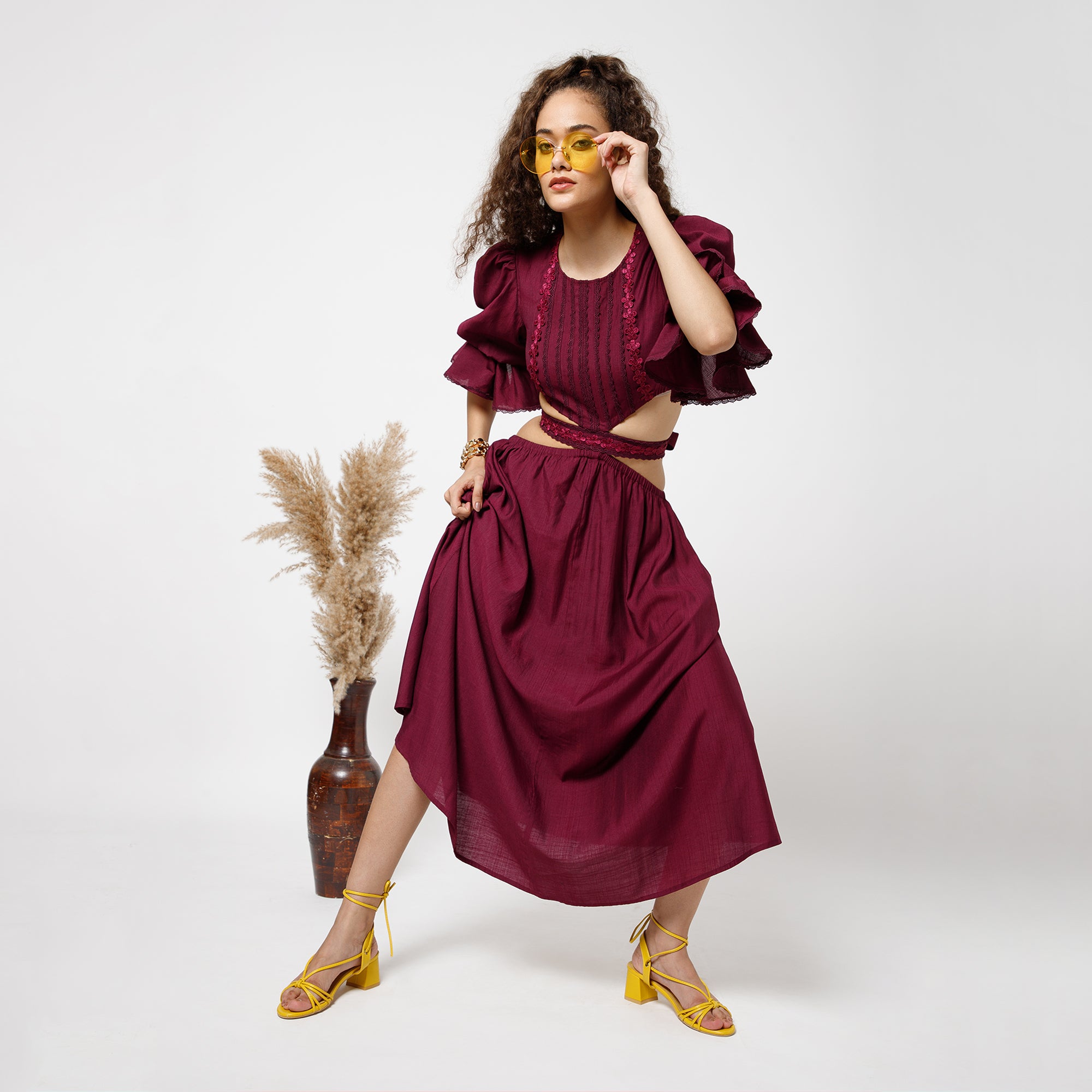 Prune Dress With Lace Yoke & Tie Belt