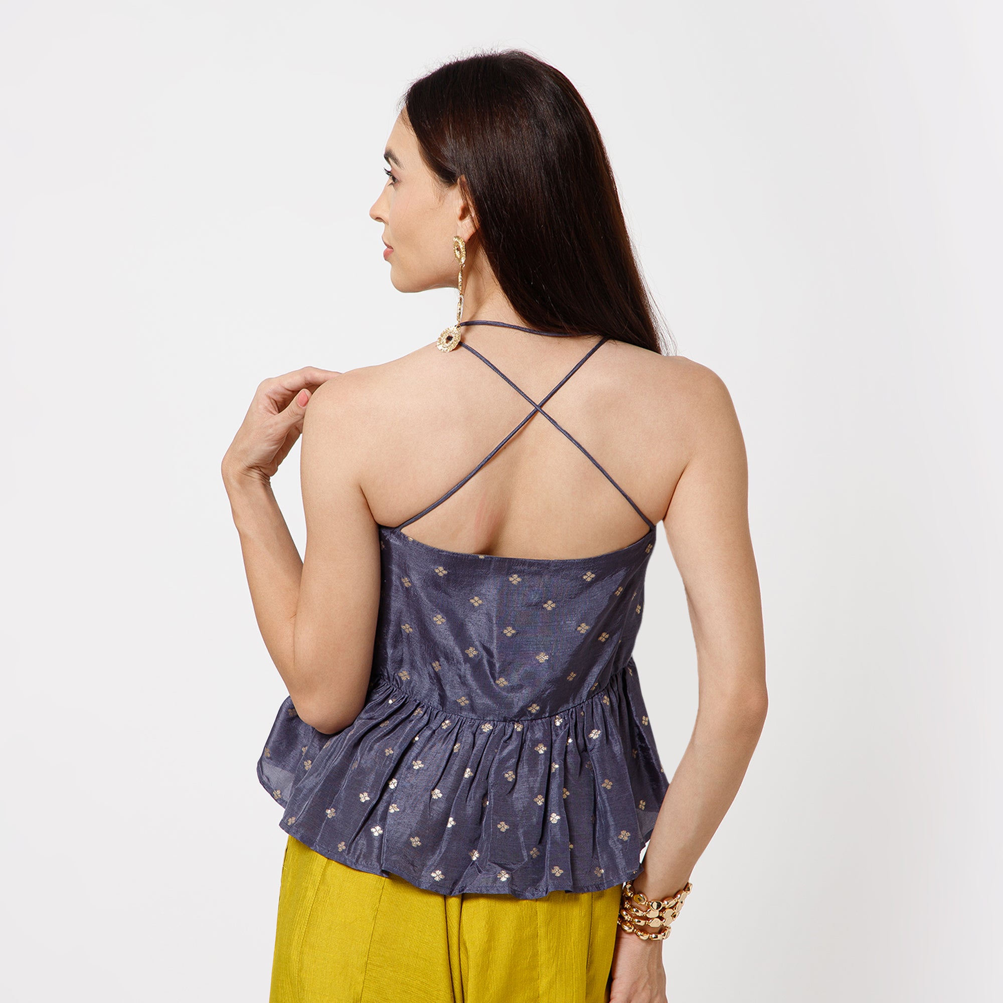 Blue Silk Brocade Spaghetti Top