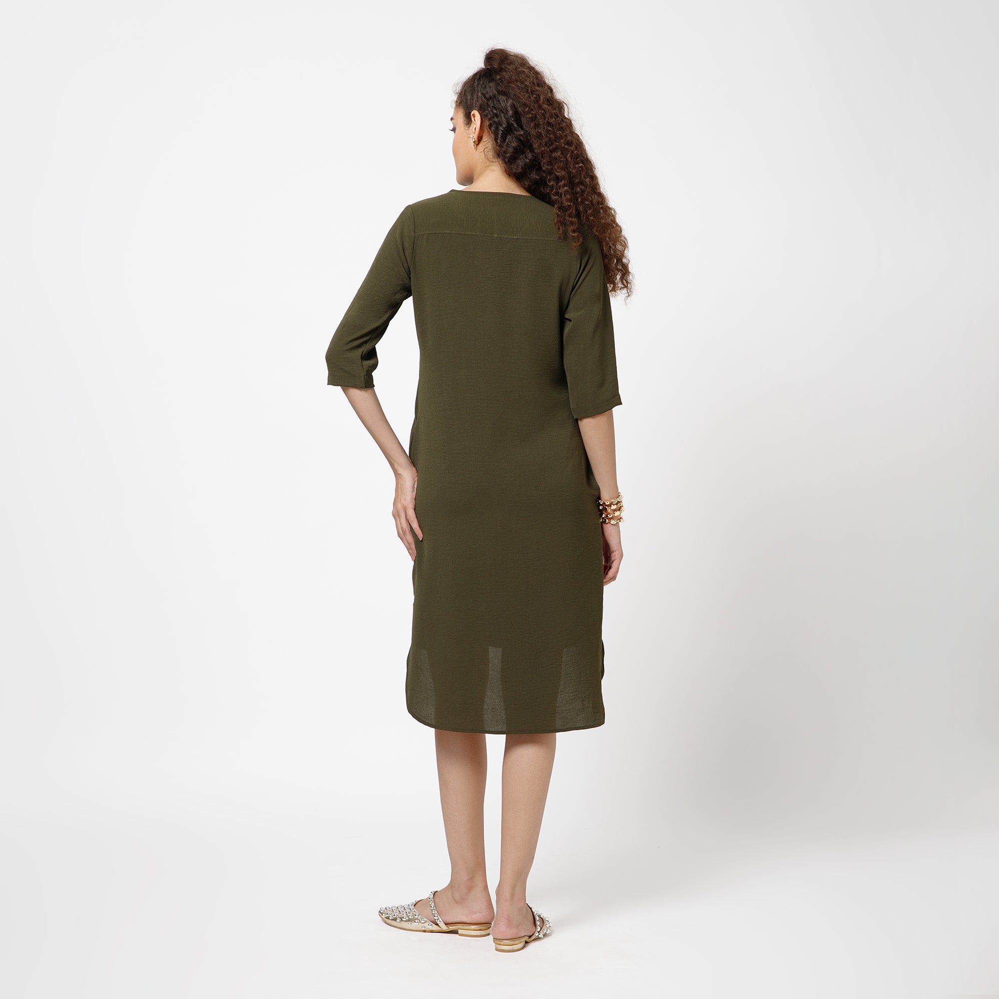 Green Crepe Dress With Patch Embroidery