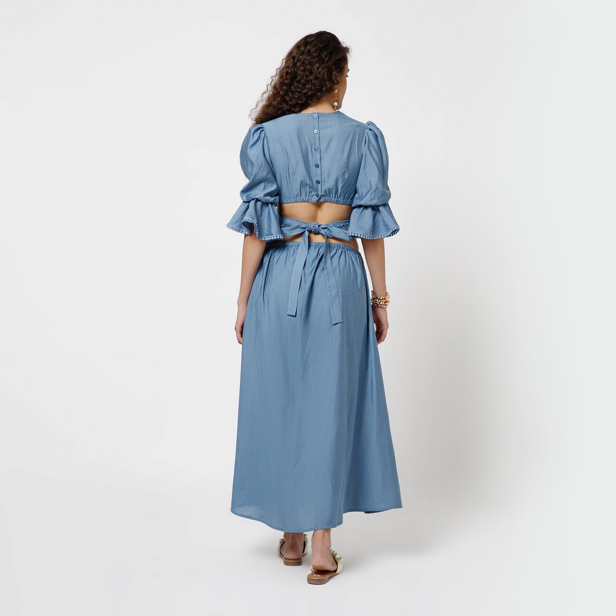 Blue Dress With Lace Yoke & Tie Belt