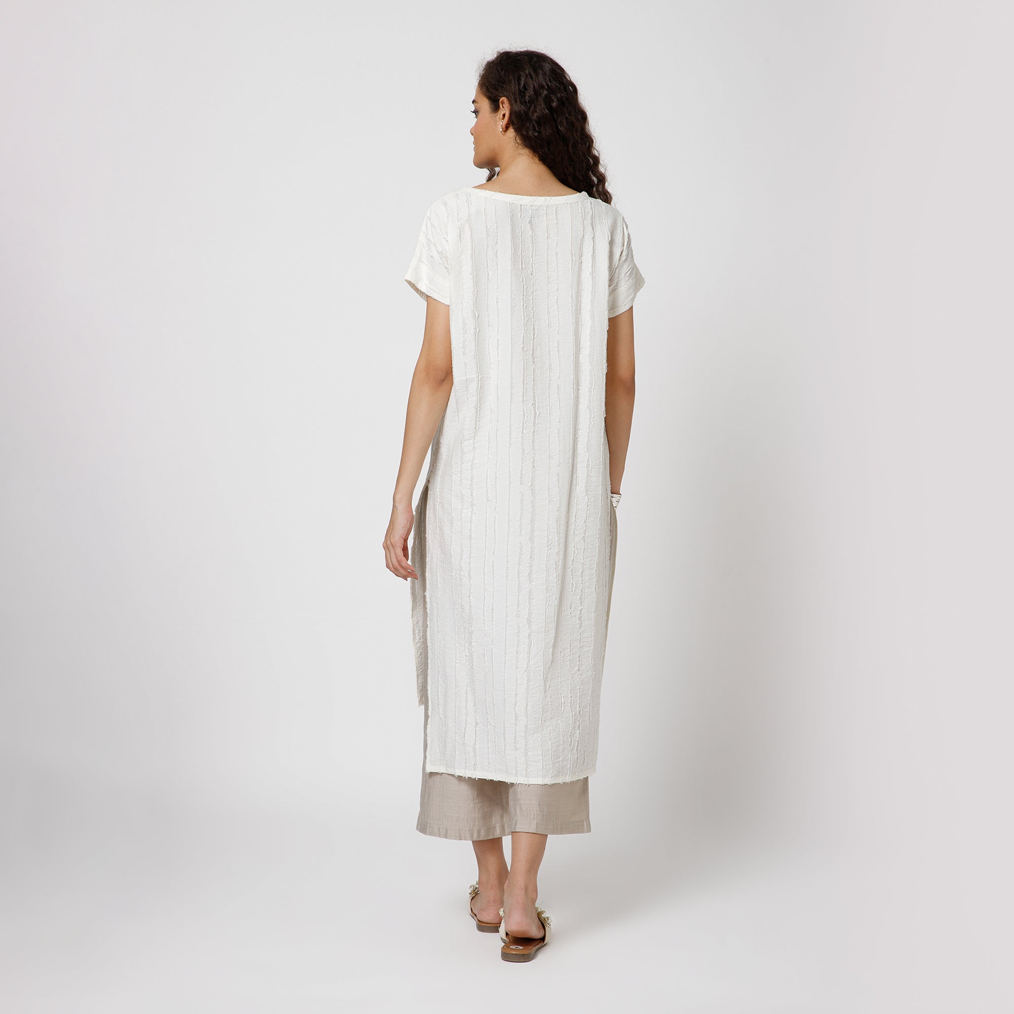 Off White Patch Textured Kurta