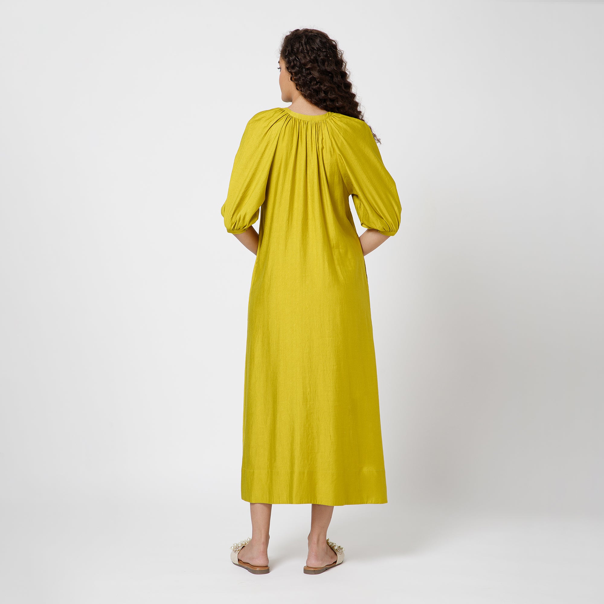 Olive Long Dress With Puff Sleeves