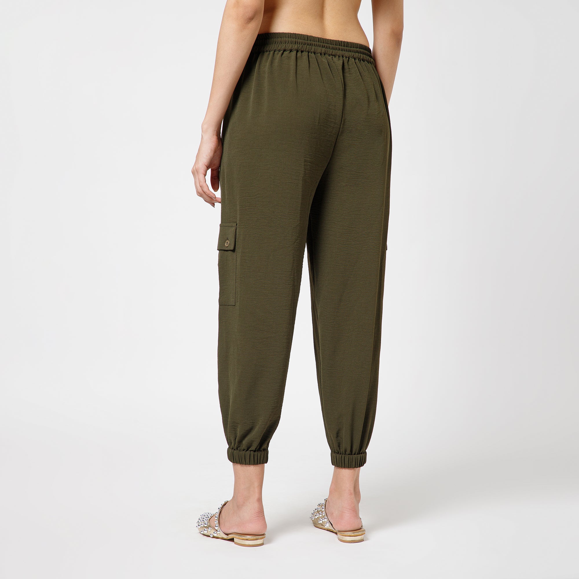 Green Crepe Pant With Bottom Elastic