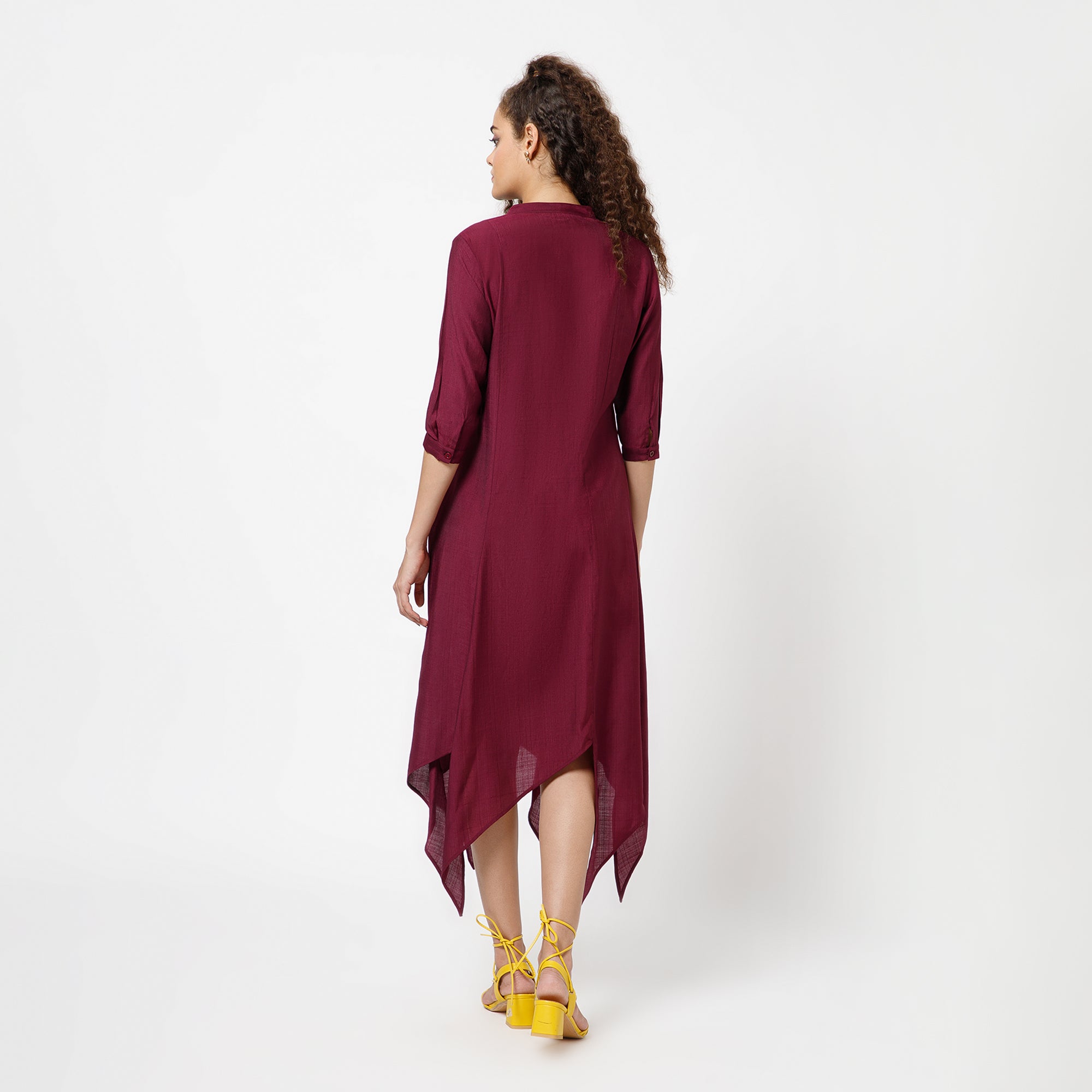 Prune Triangle Dress With Button Embroidery