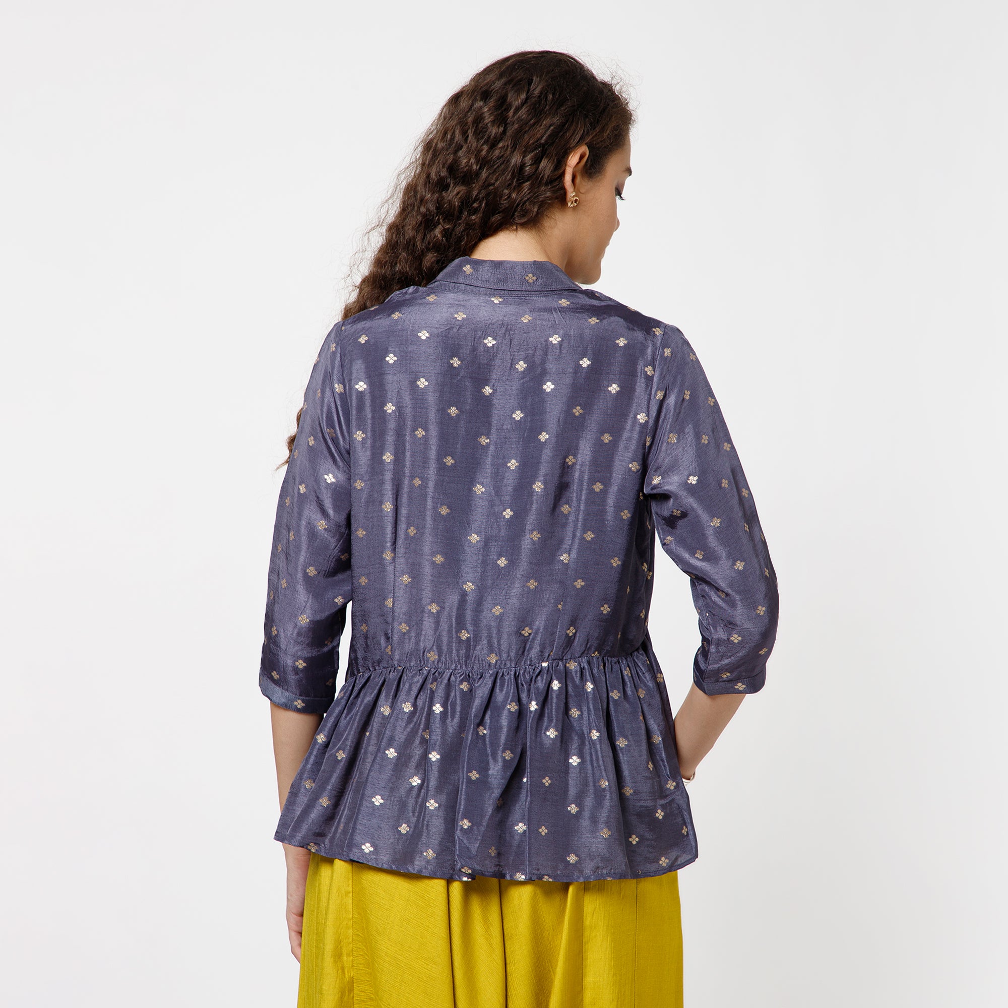 Blue Brocade Asymmetrical Peplum Top