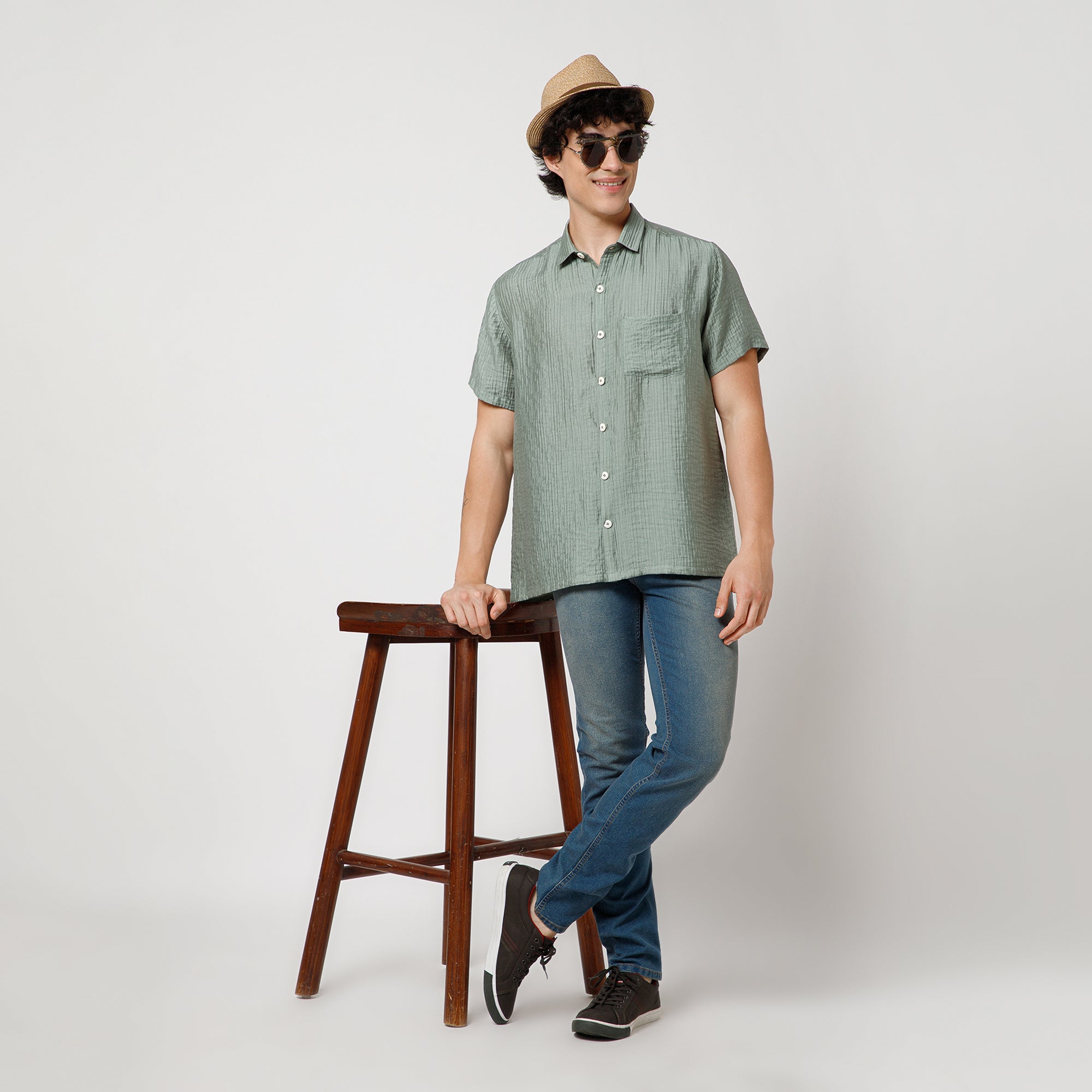 Green Double Gauze Half Sleeves Shirt