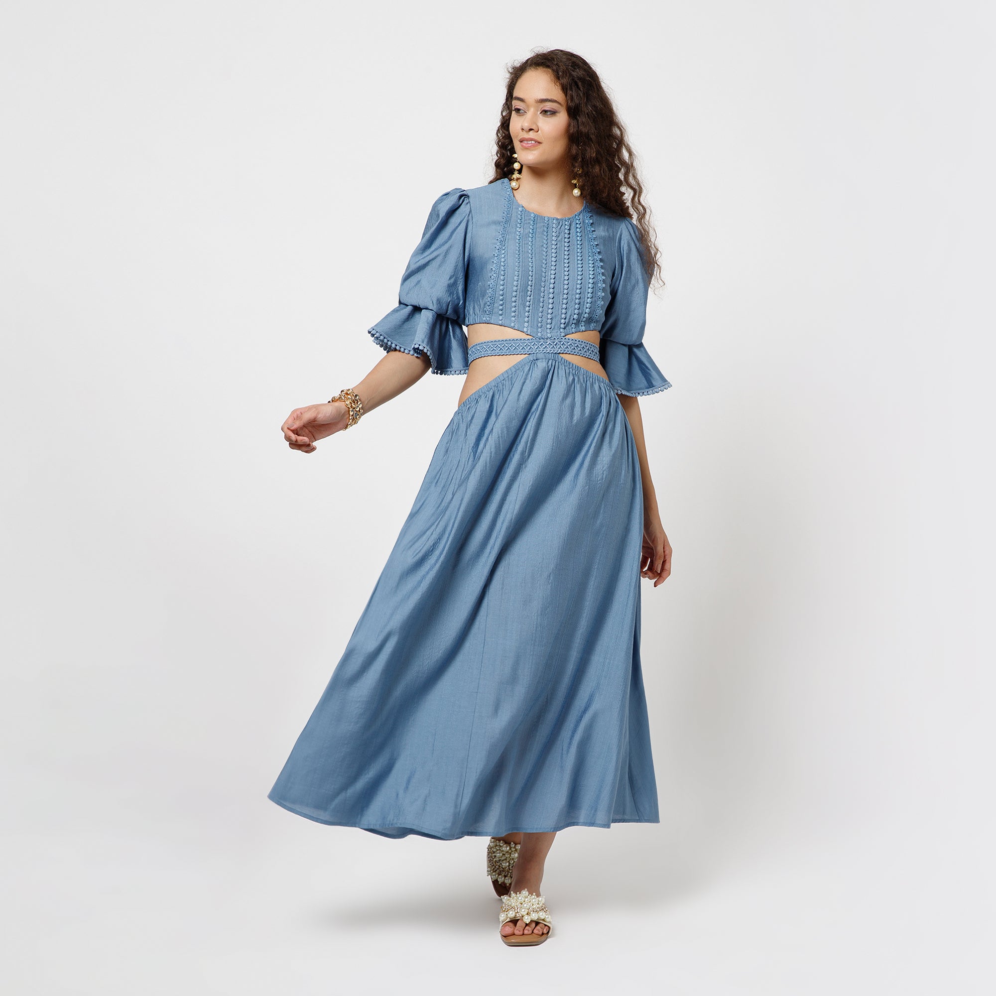 Blue Dress With Lace Yoke & Tie Belt