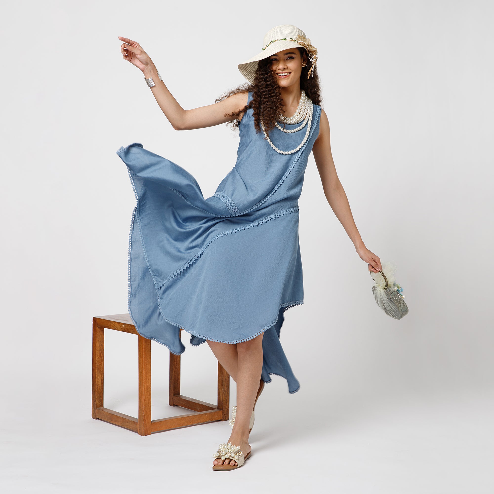 Blue Square Neck Dress With Lace