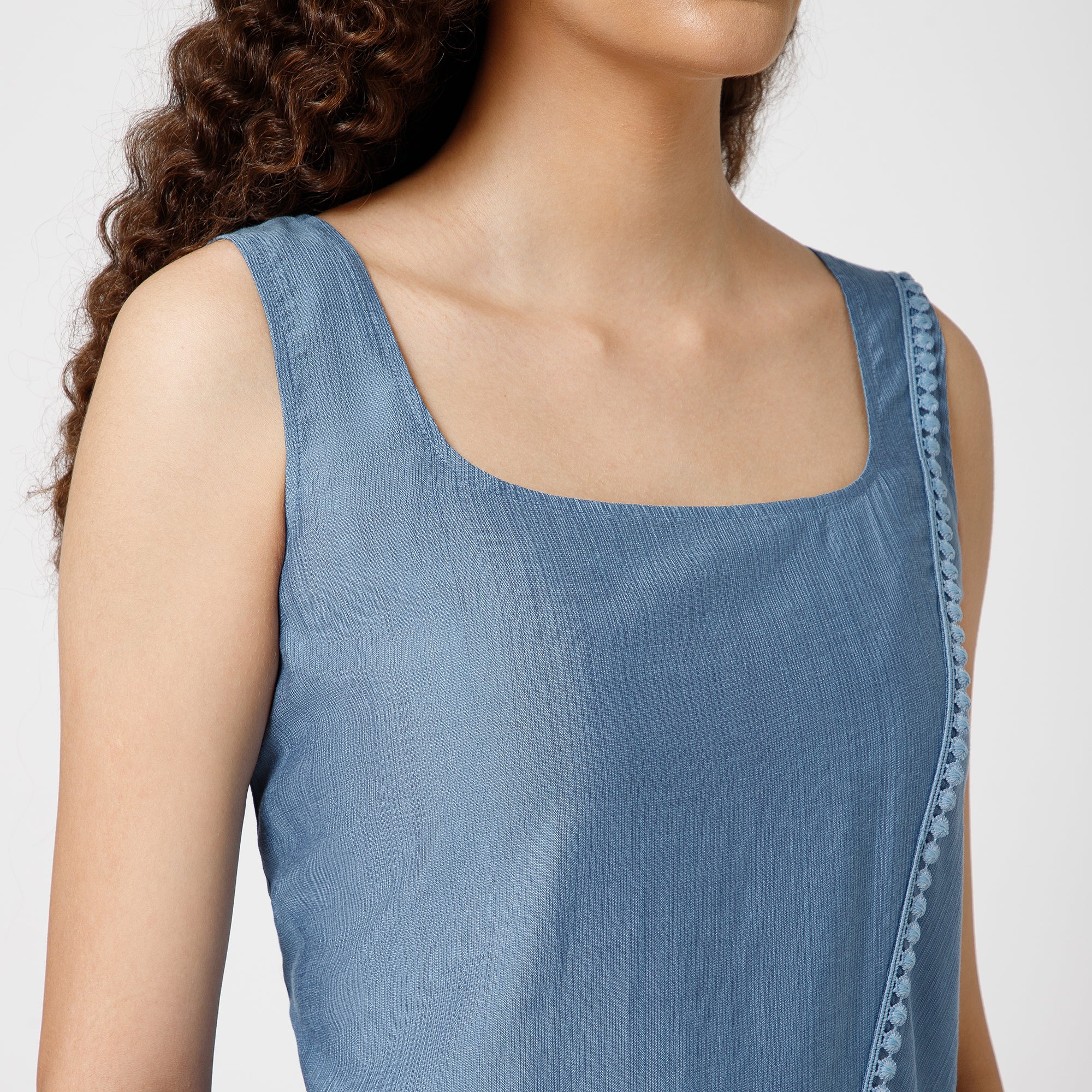 Blue Square Neck Dress With Lace