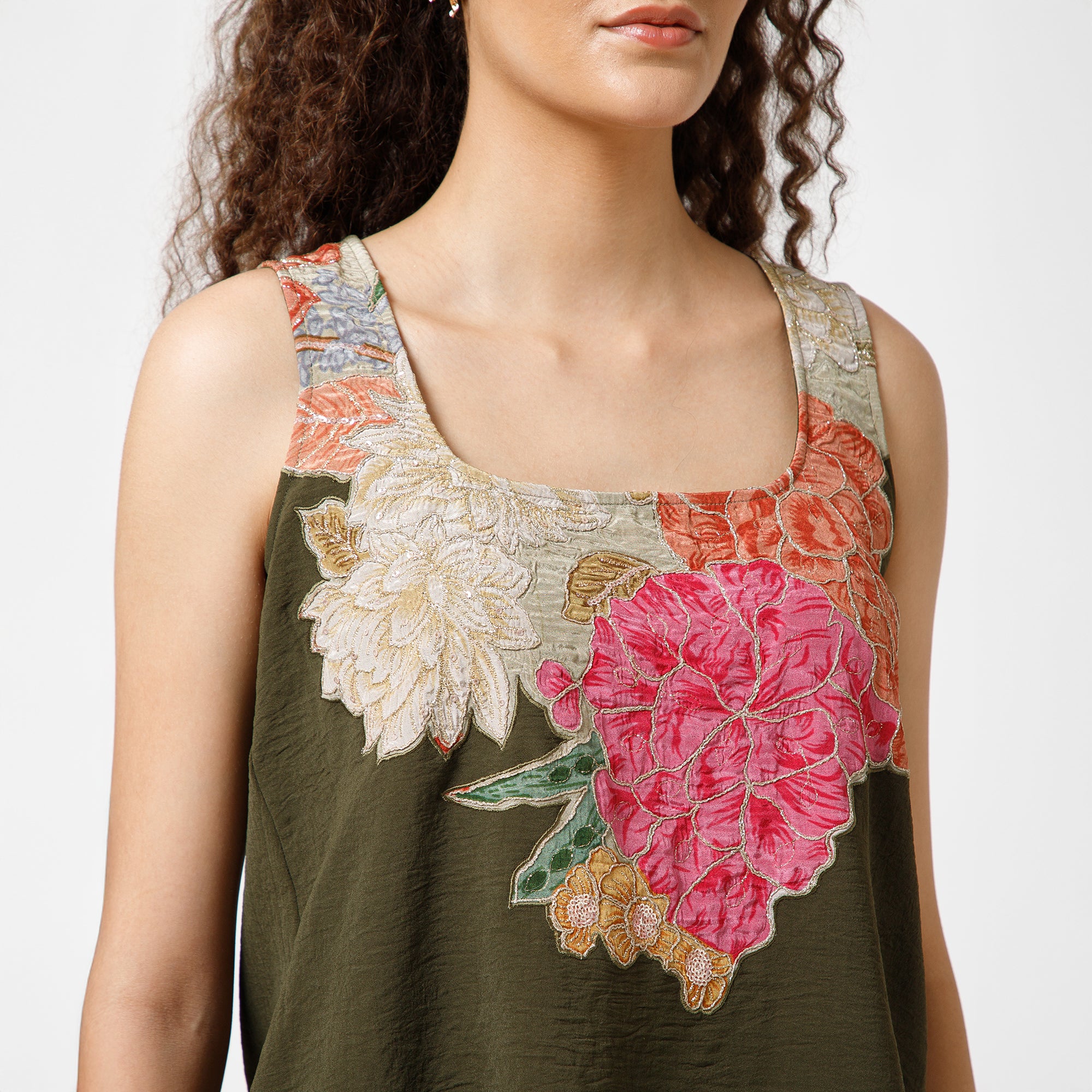 Prune Crepe Top With Patch Embroidery