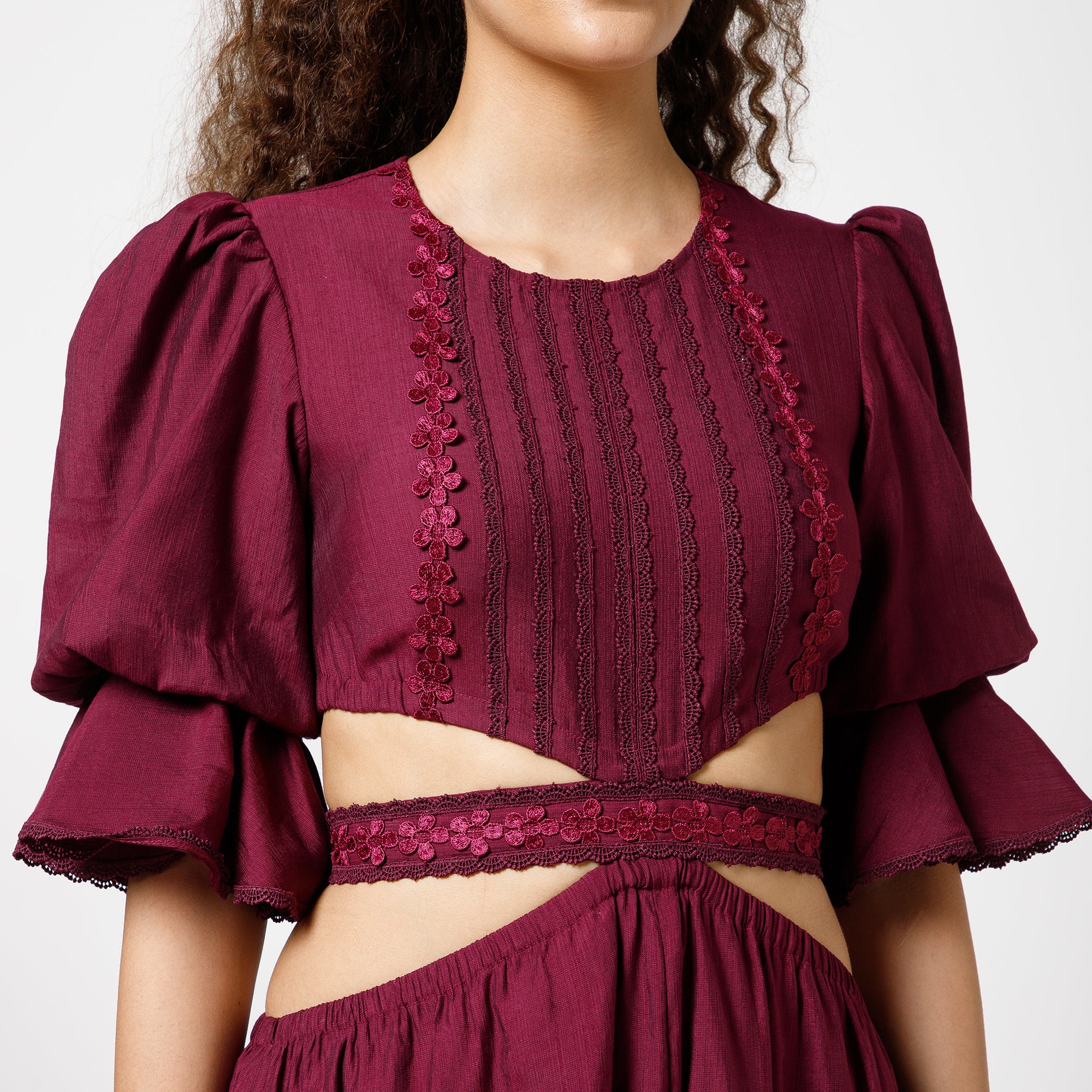 Prune Dress With Lace Yoke & Tie Belt