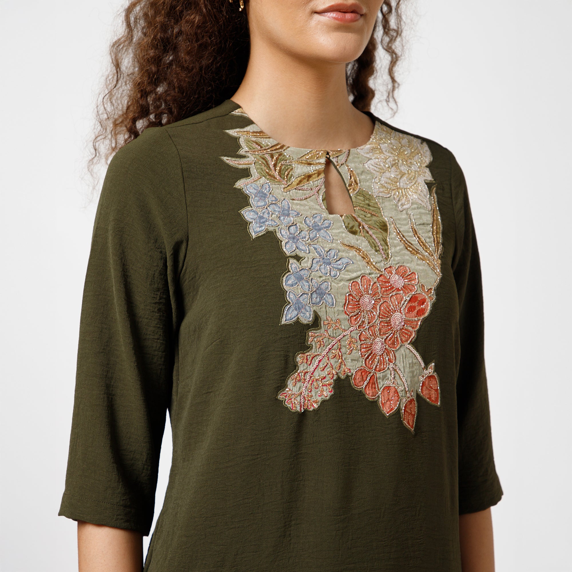 Green Crepe Dress With Patch Embroidery