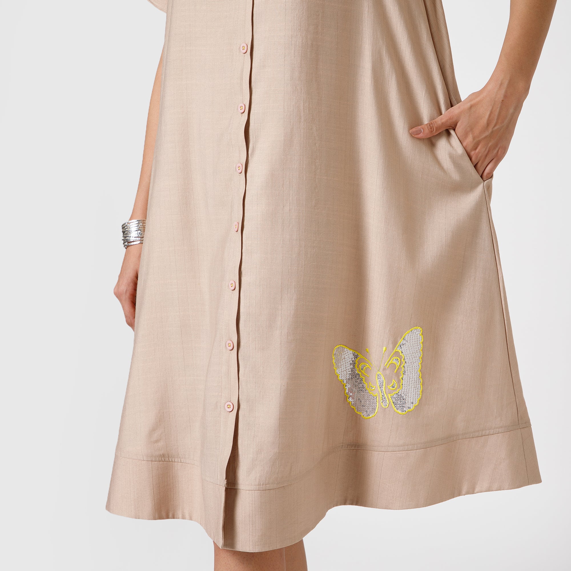 Beige Dress With Butterfly Embroidery