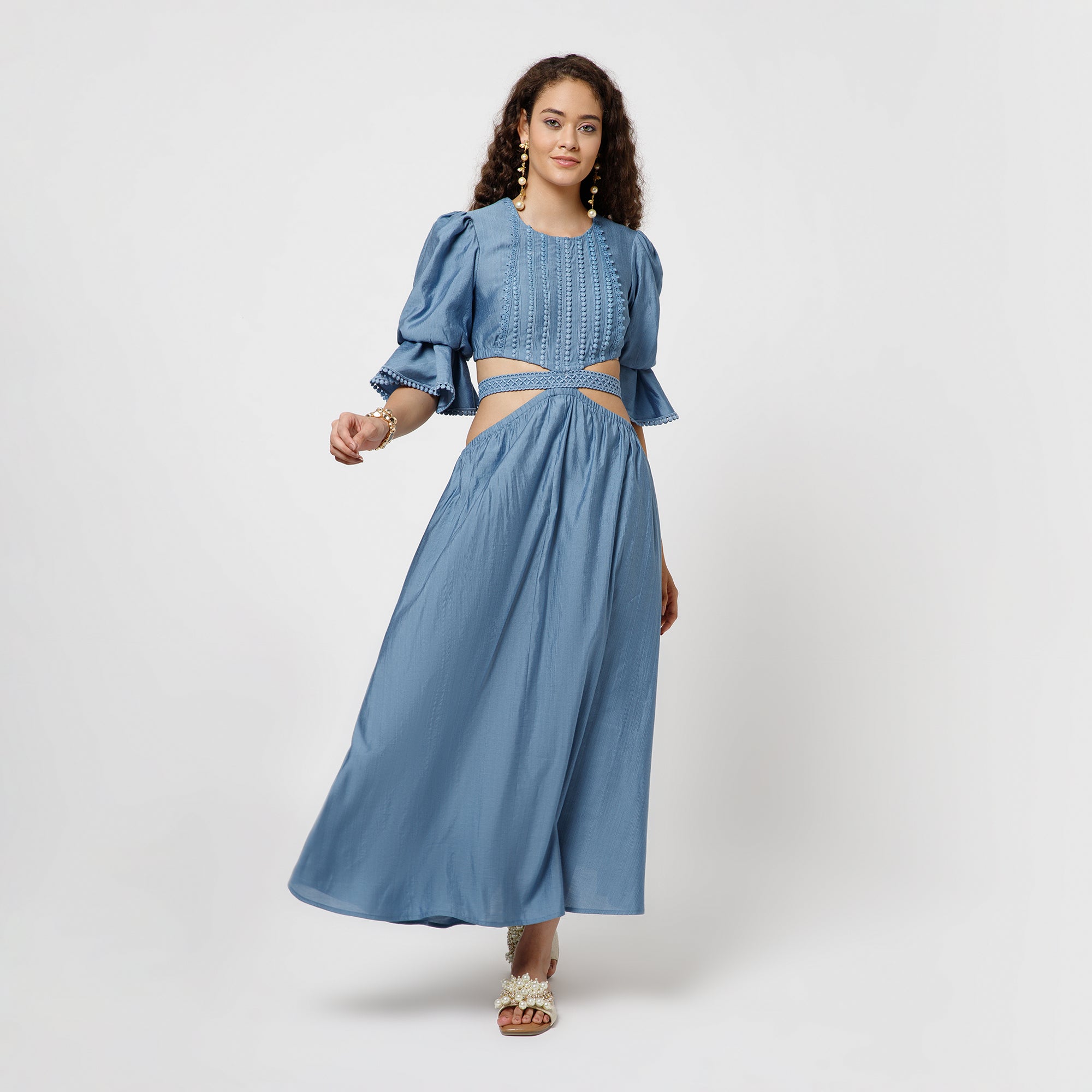 Blue Dress With Lace Yoke & Tie Belt
