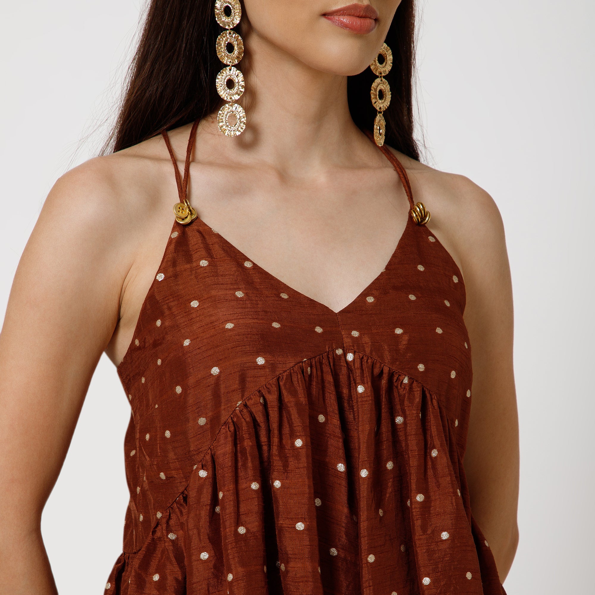Brown Silk Brocade Spaghetti Top