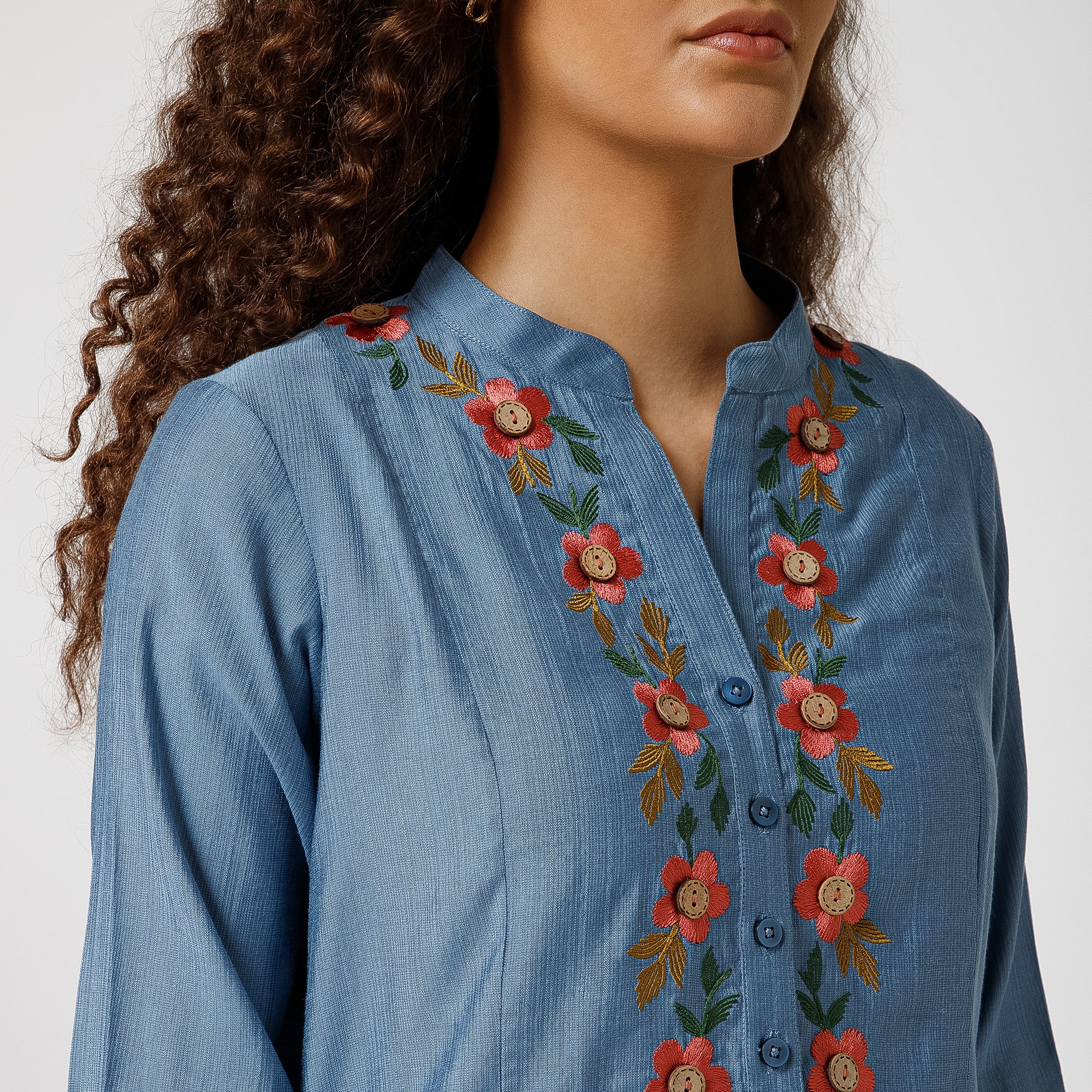 Blue Triangle Dress With Button Embroidery