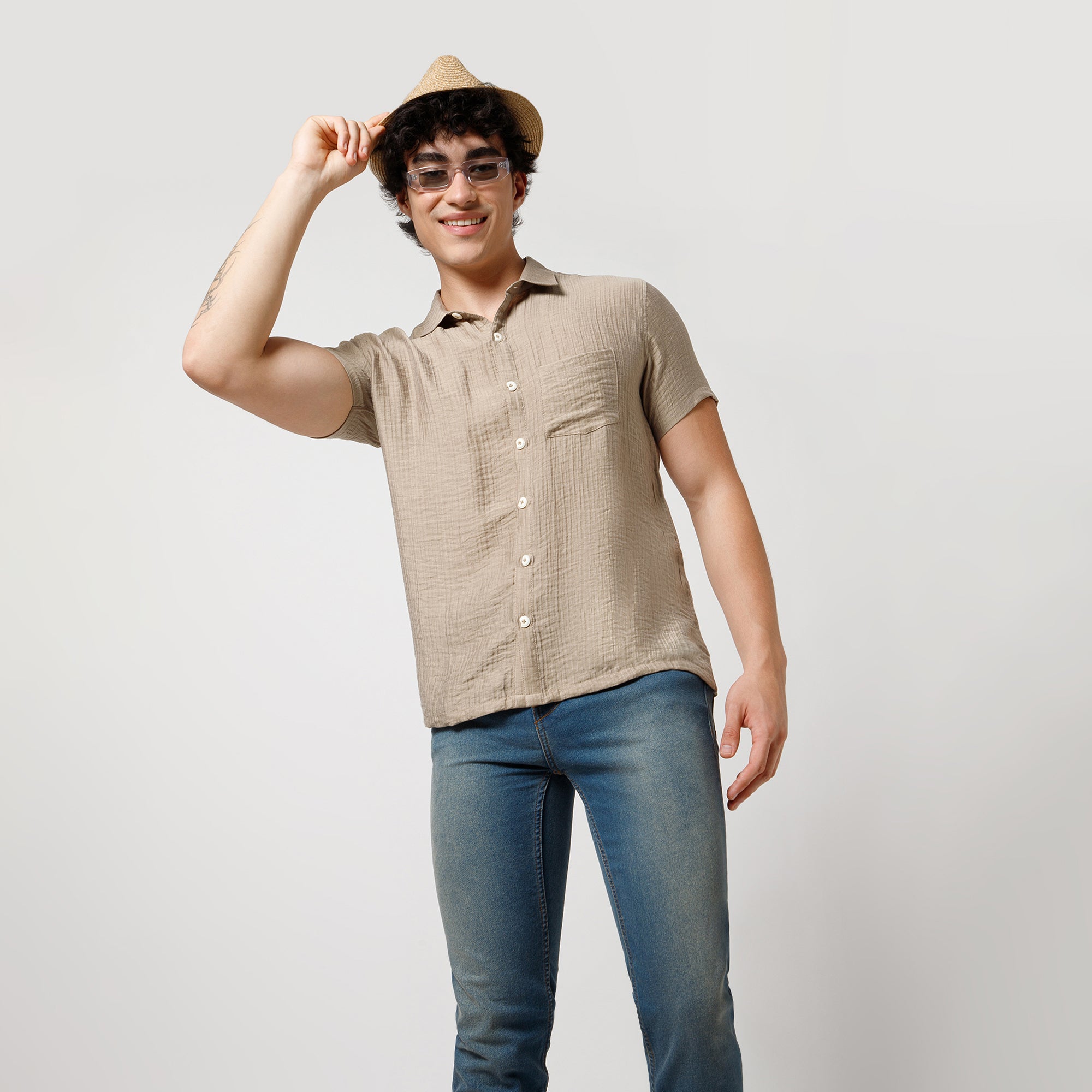 Beige Double Gauze Half Sleeves Shirt