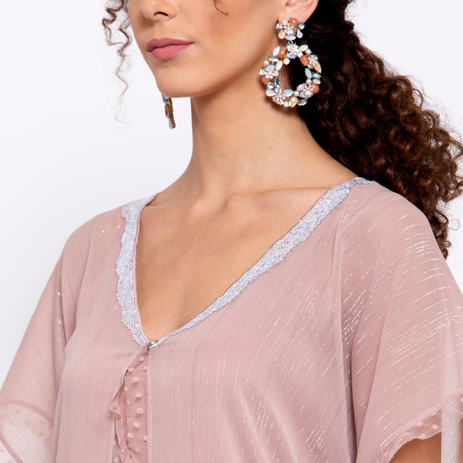 Pink Lurex Kaftan With Sequins Embroidery At Neck