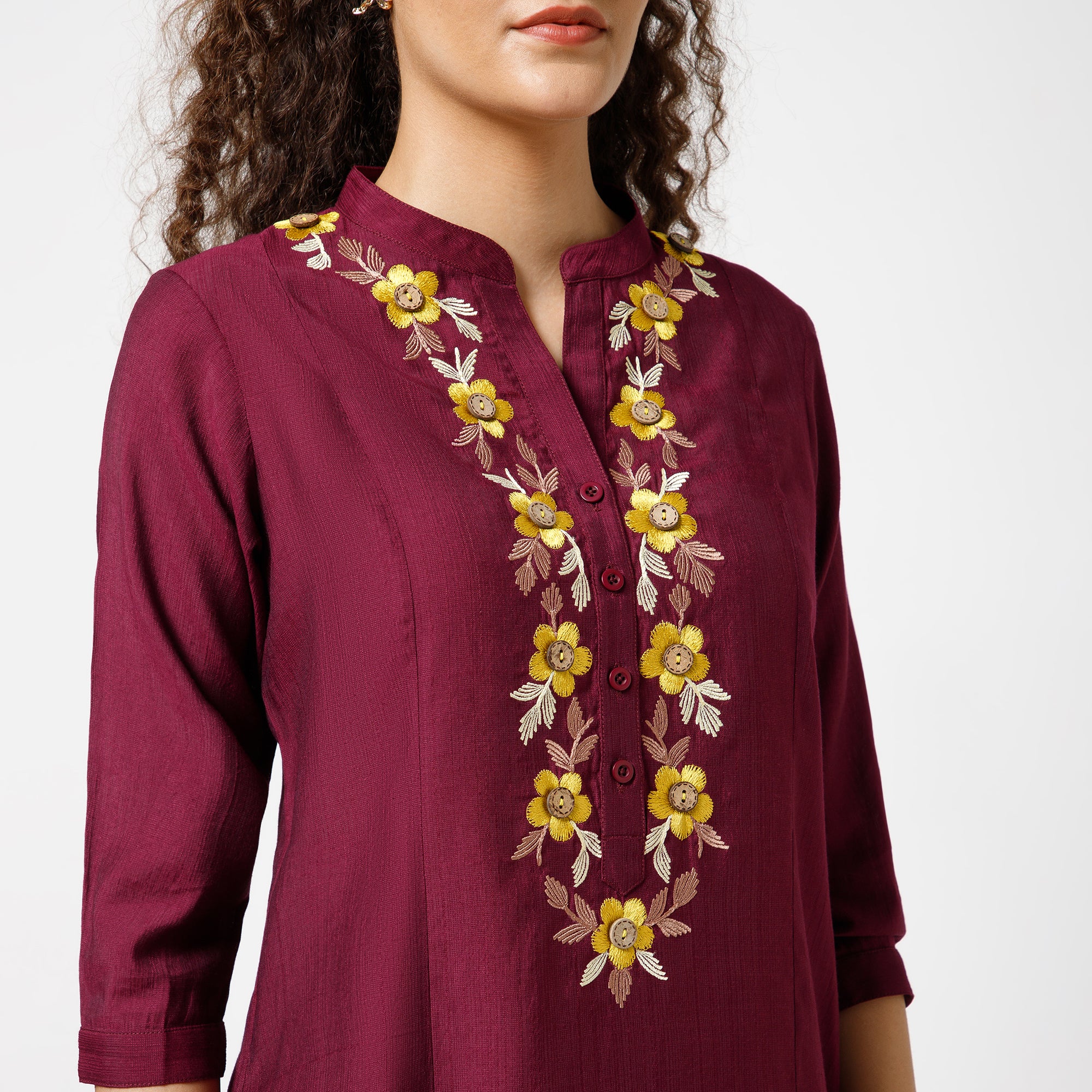 Prune Triangle Dress With Button Embroidery