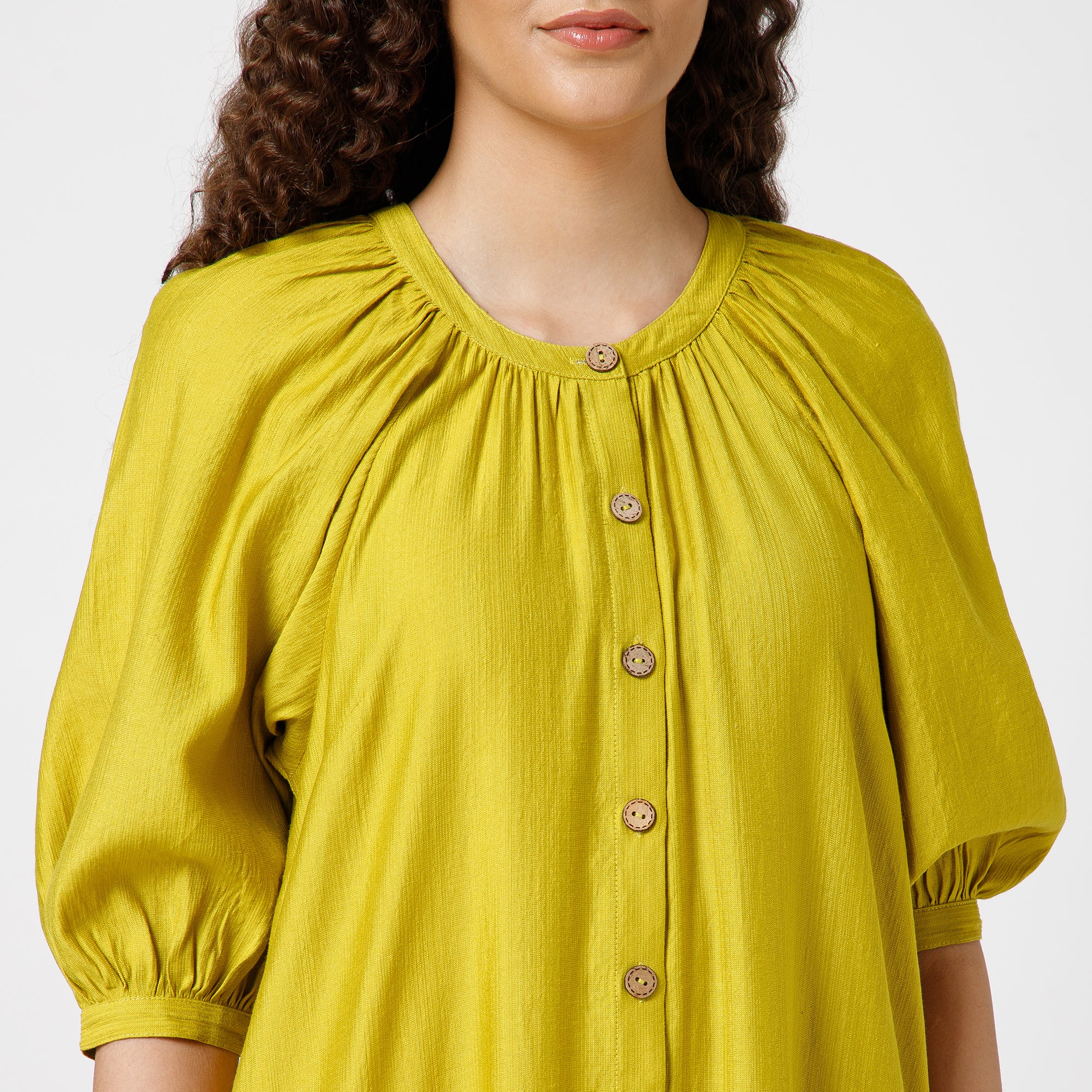 Olive Long Dress With Puff Sleeves