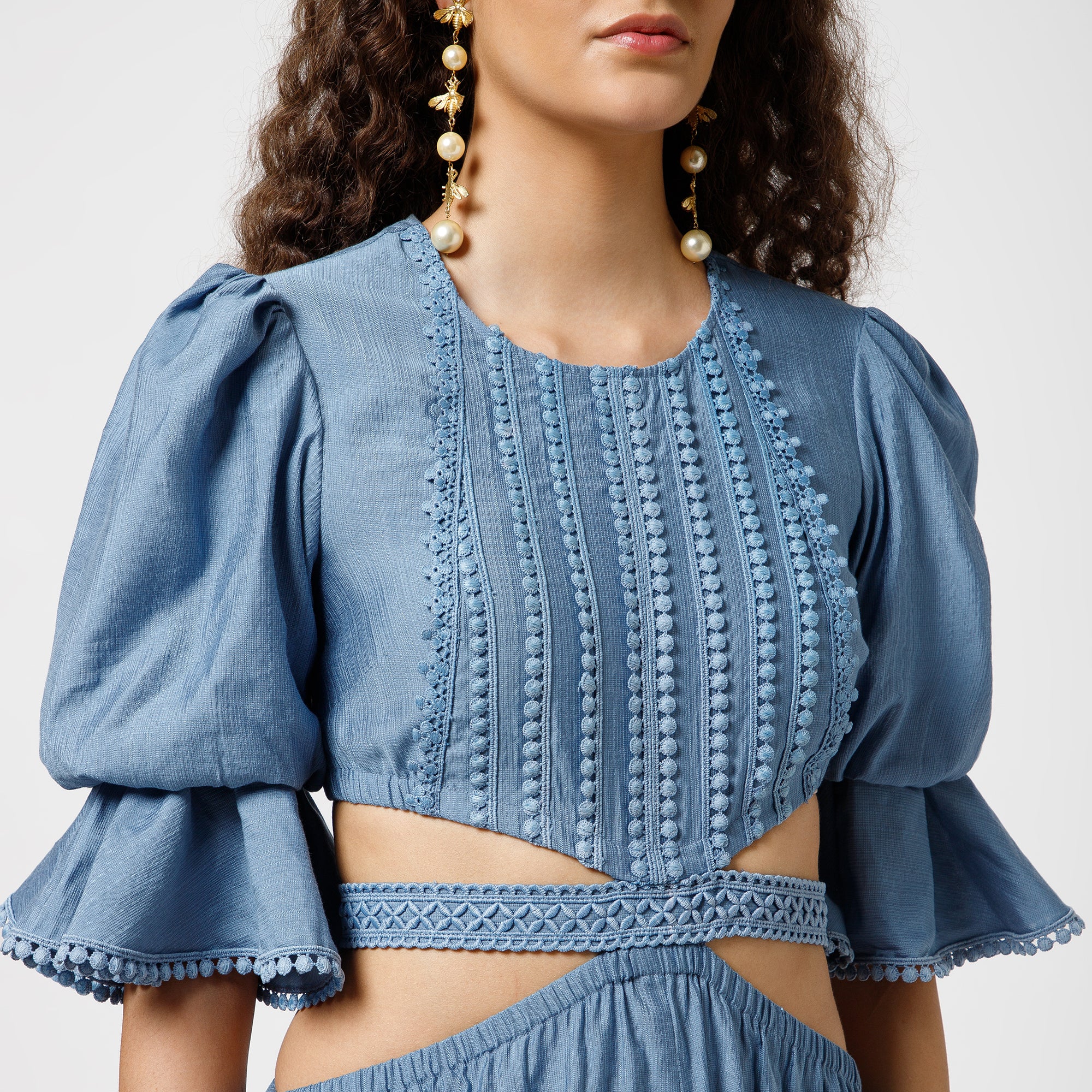 Blue Dress With Lace Yoke & Tie Belt