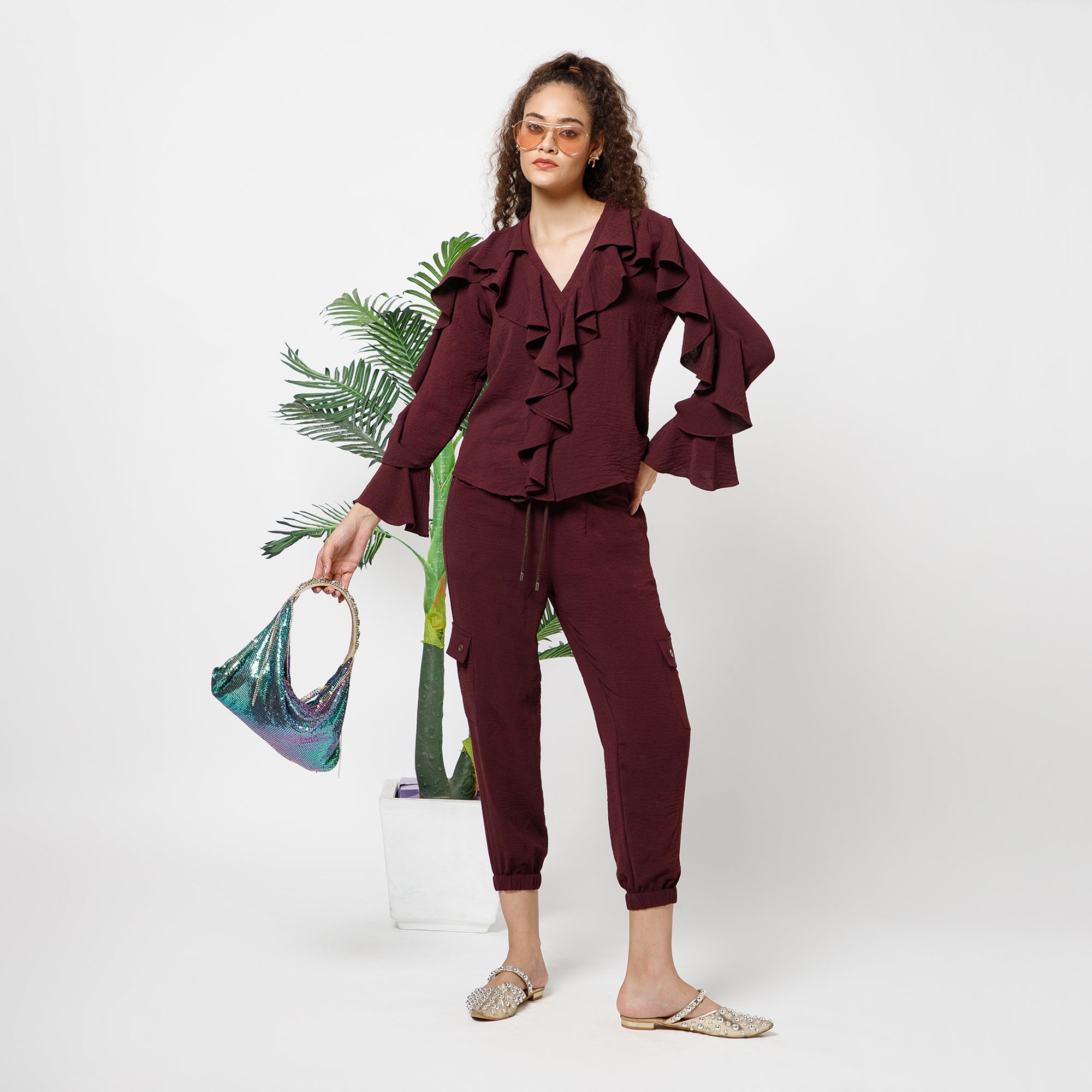 Prune Crepe Pant With Bottom Elastic