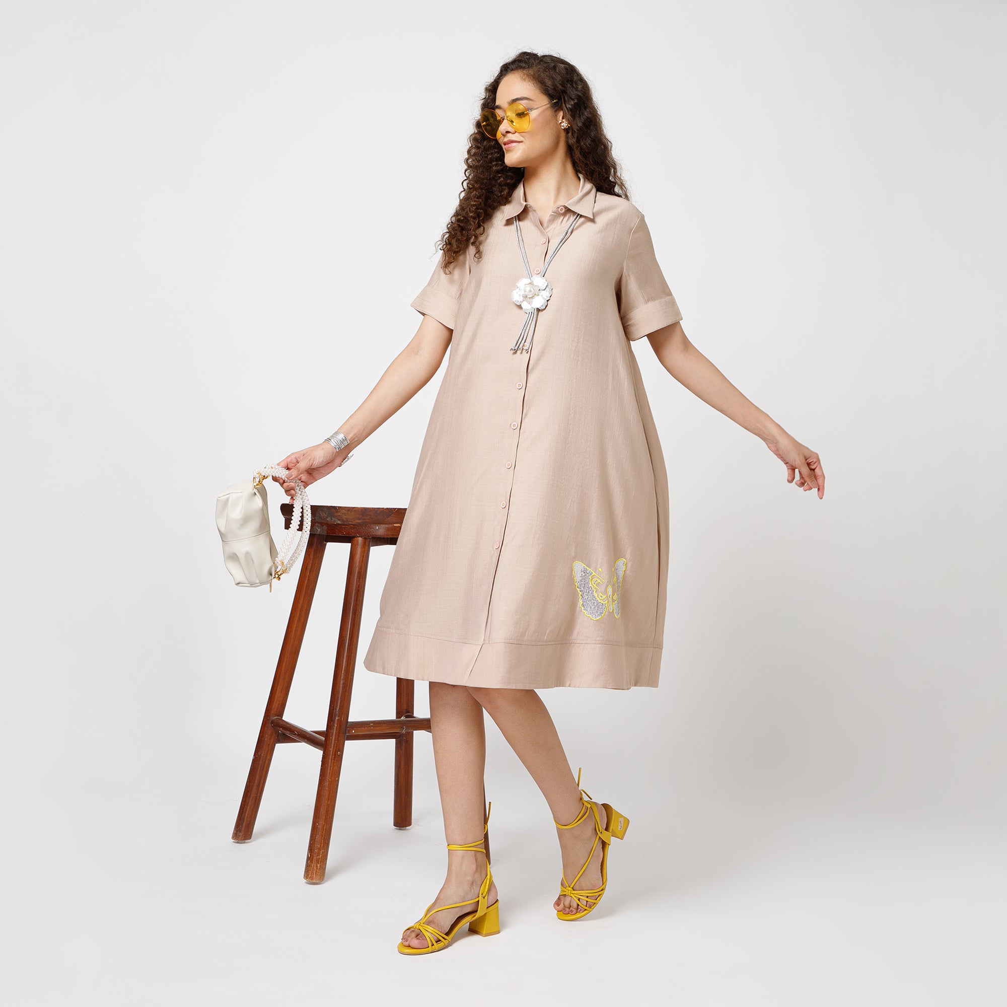 Beige Dress With Butterfly Embroidery