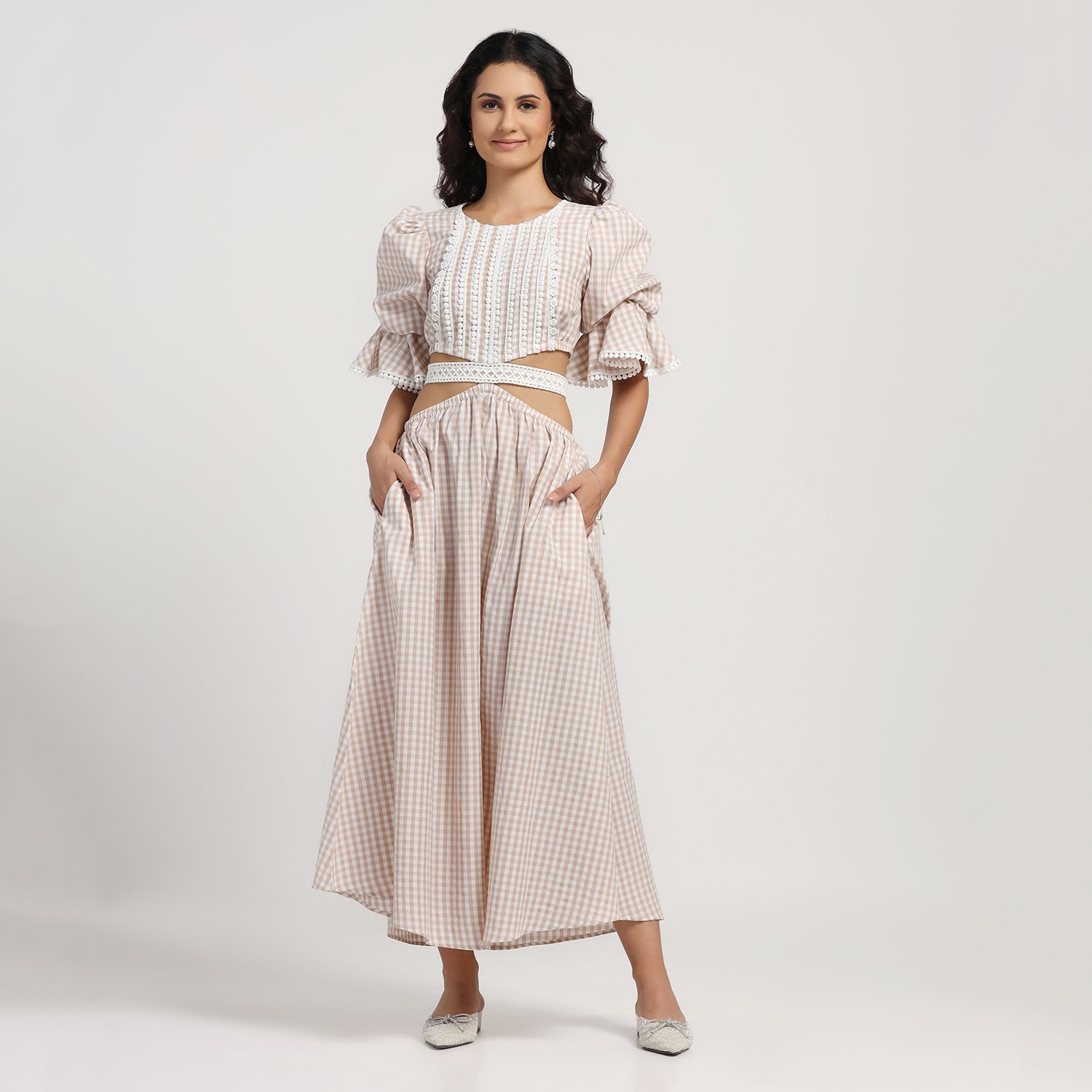Beige Check Dress With Lace Yoke & Tie Belt, skirts for women, long skirts for women, crop top and skirt, women in short skirts