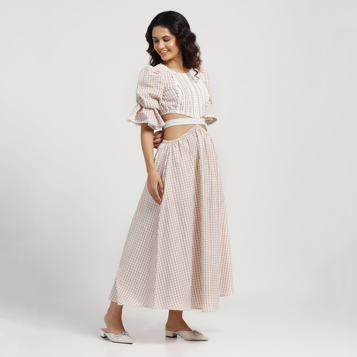 Beige Check Dress With Lace Yoke & Tie Belt, skirts for women, long skirts for women, crop top and skirt, women in short skirts