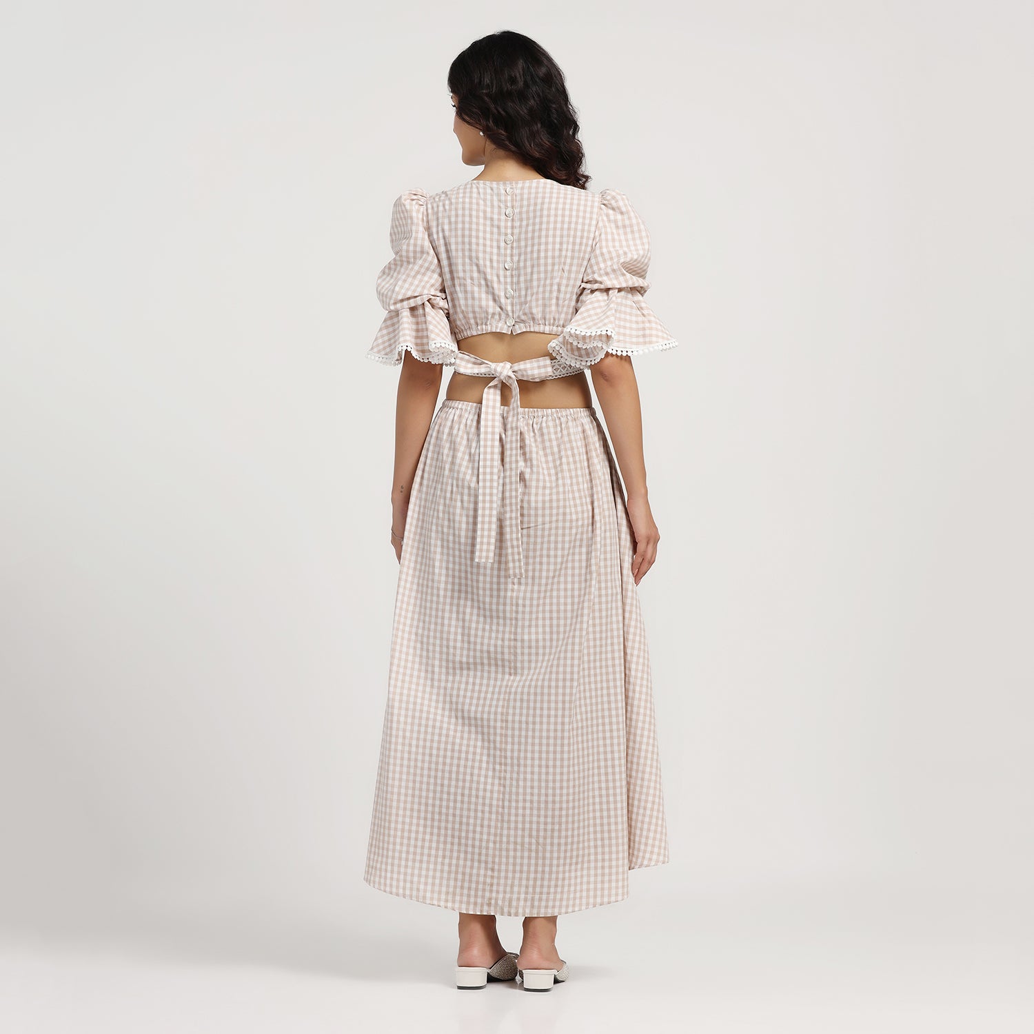 Beige Check Dress With Lace Yoke & Tie Belt, skirts for women, long skirts for women, crop top and skirt, women in short skirts