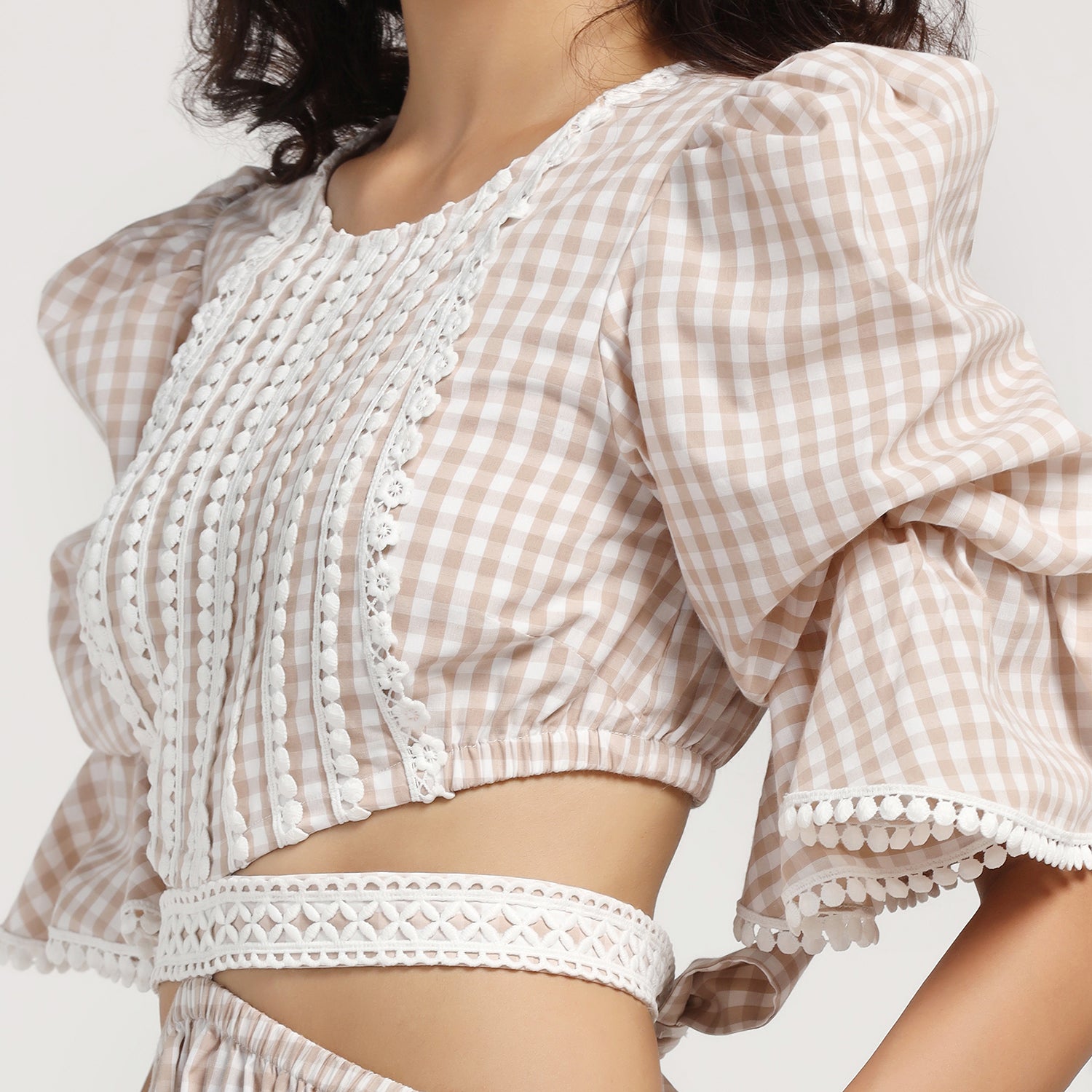 Beige Check Dress With Lace Yoke & Tie Belt, skirts for women, long skirts for women, crop top and skirt, women in short skirts