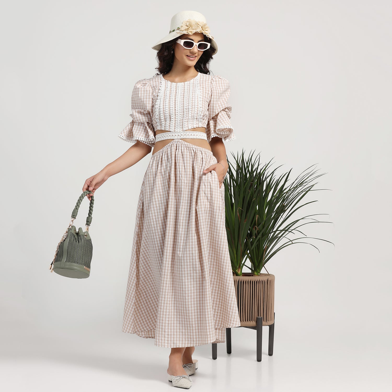Beige Check Dress With Lace Yoke & Tie Belt, skirts for women, long skirts for women, crop top and skirt, women in short skirts