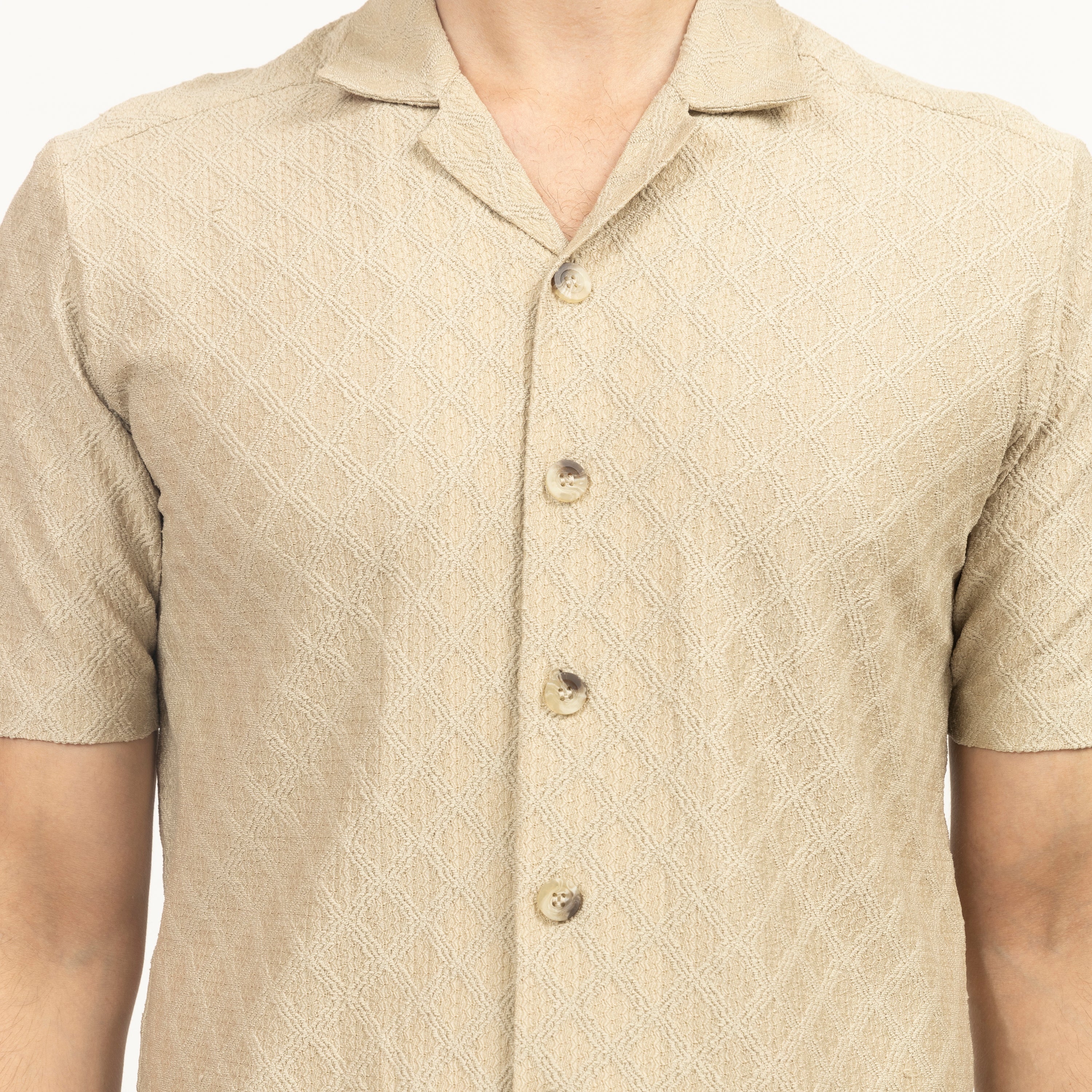 Beige Diamond Textured Lycra Shirt for Men-1